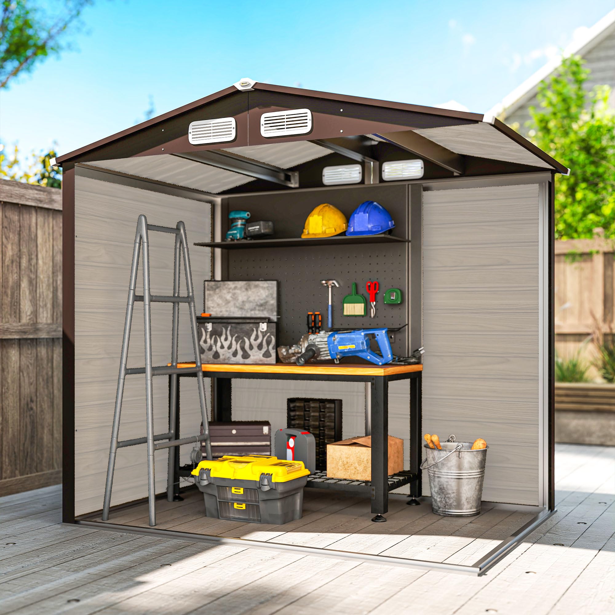Outsunny Caseta de Jardín Exterior, 2,27 m² 190x131x188 cm, Cobertizo de Jardín Exterior Metálico con 2 Ventilaciones, Puerta con Cerradura, para Almacenamiento de Herramientas, Roble