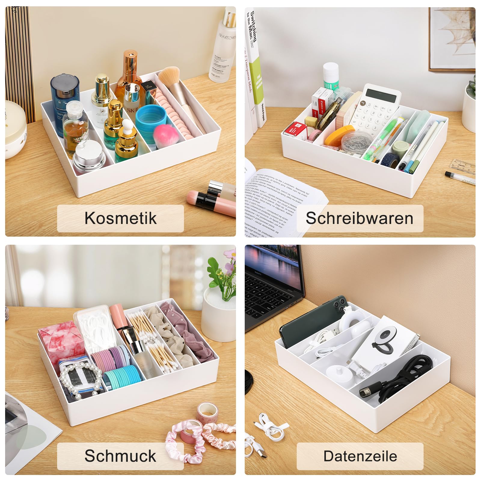 PAVSTINE Datenkabel-Organizer ohne Abdeckung Großer 2er-Pack, Kabelbox Weiß mit Verstellbaren Fächern, Kabel Organizer mit 14 Kabelbindern zur Aufbewahrung von Schreibwaren, Batterien und Ladekabeln