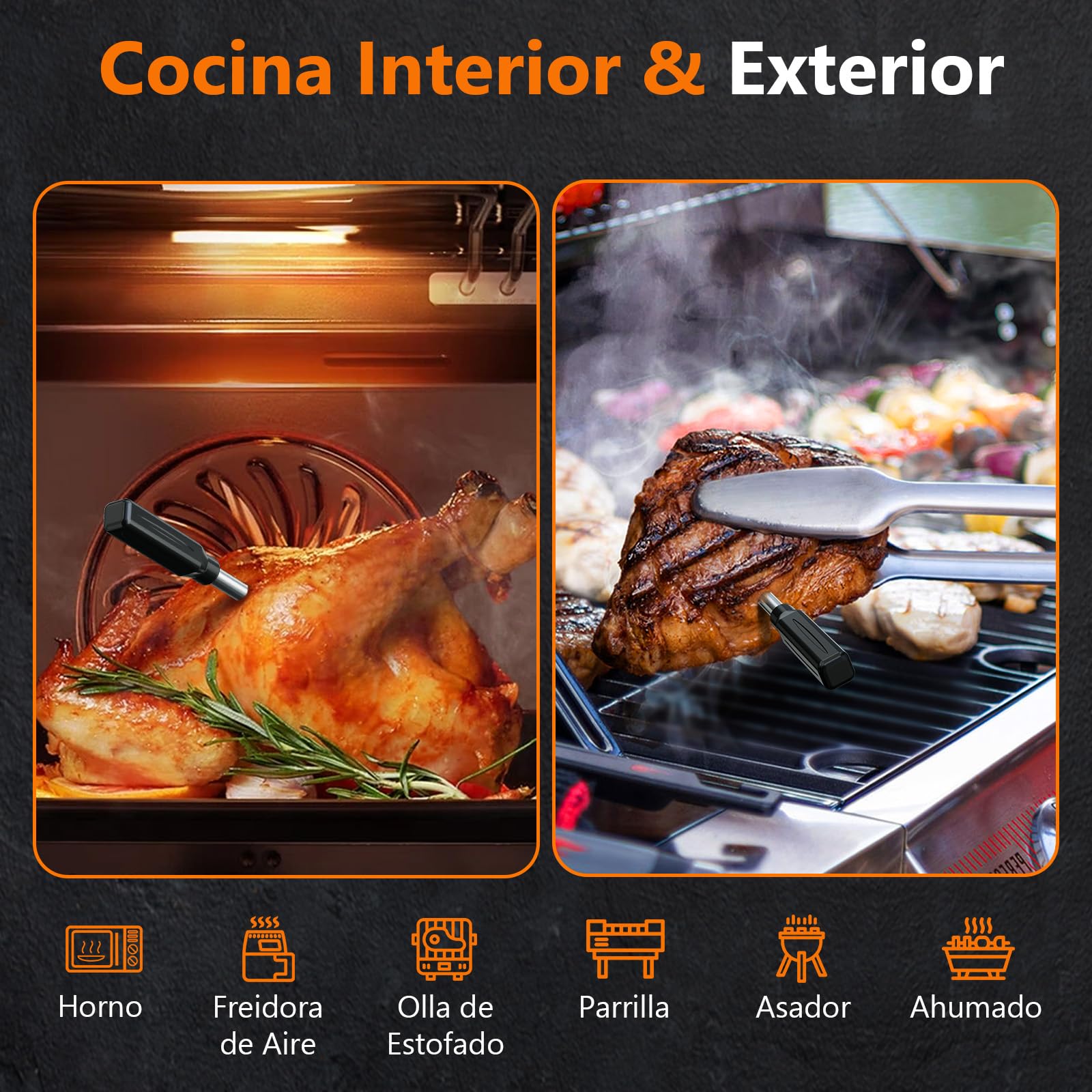 AIRMSEN Termómetro de Carne Inalámbrico con Pantalla LCD, Impermeable IPX8, Termómetro de Barbacoa Bluetooth con Alcance de 150m, Control por App, Mango de Cerámica, para Parrilla, Horno y BBQ