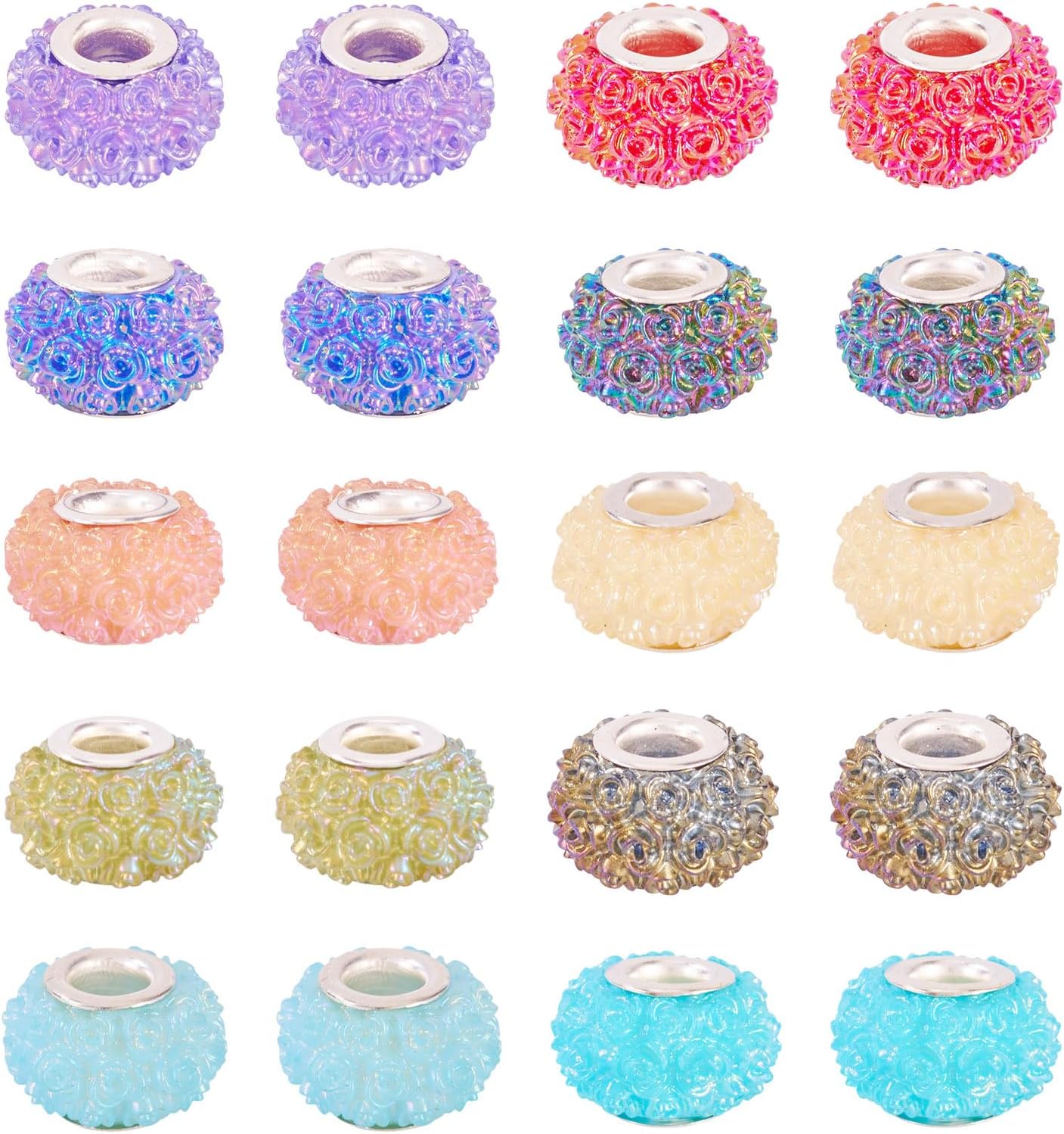 20 Pcs Resin Rose Flower European Beads AB Color Rondelle Large Hole Focal Beads Loose Spacers for DIY Snake Chain Bracelet Necklace Jewelry Craft Making Keychain Lanyard Ornament 14x9mm