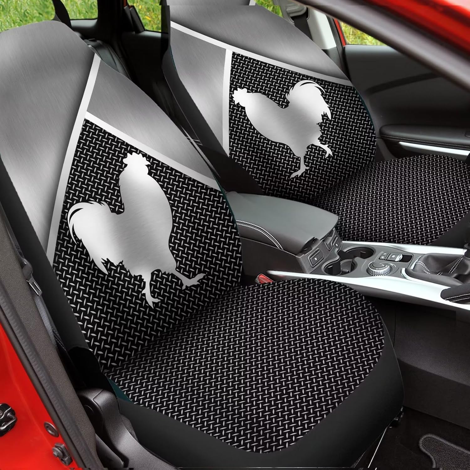 Bulopur Silver Metal Chicken Universal Car Seat Cover Set of 2, Auto Accessories for Men Women, Automotive Protective Interior