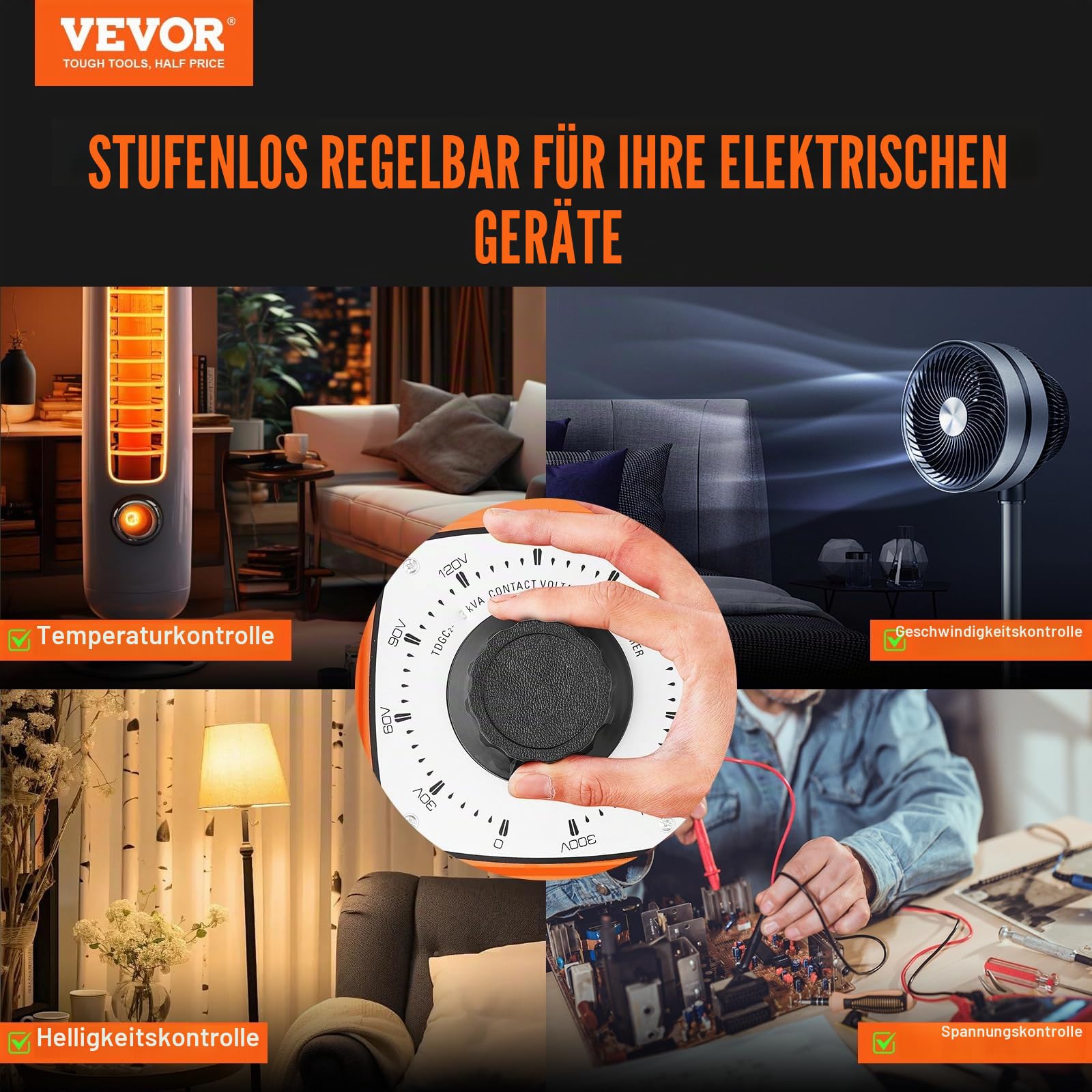 VEVOR 3000VA automatischer Stelltransformator mit variabler Spannung, 10 Ampere, 230 V Eingang, 0-300 V Ausgang, Wechselspannungsregler, mit LCD-Display, 4 zusätzlichen Sicherungen