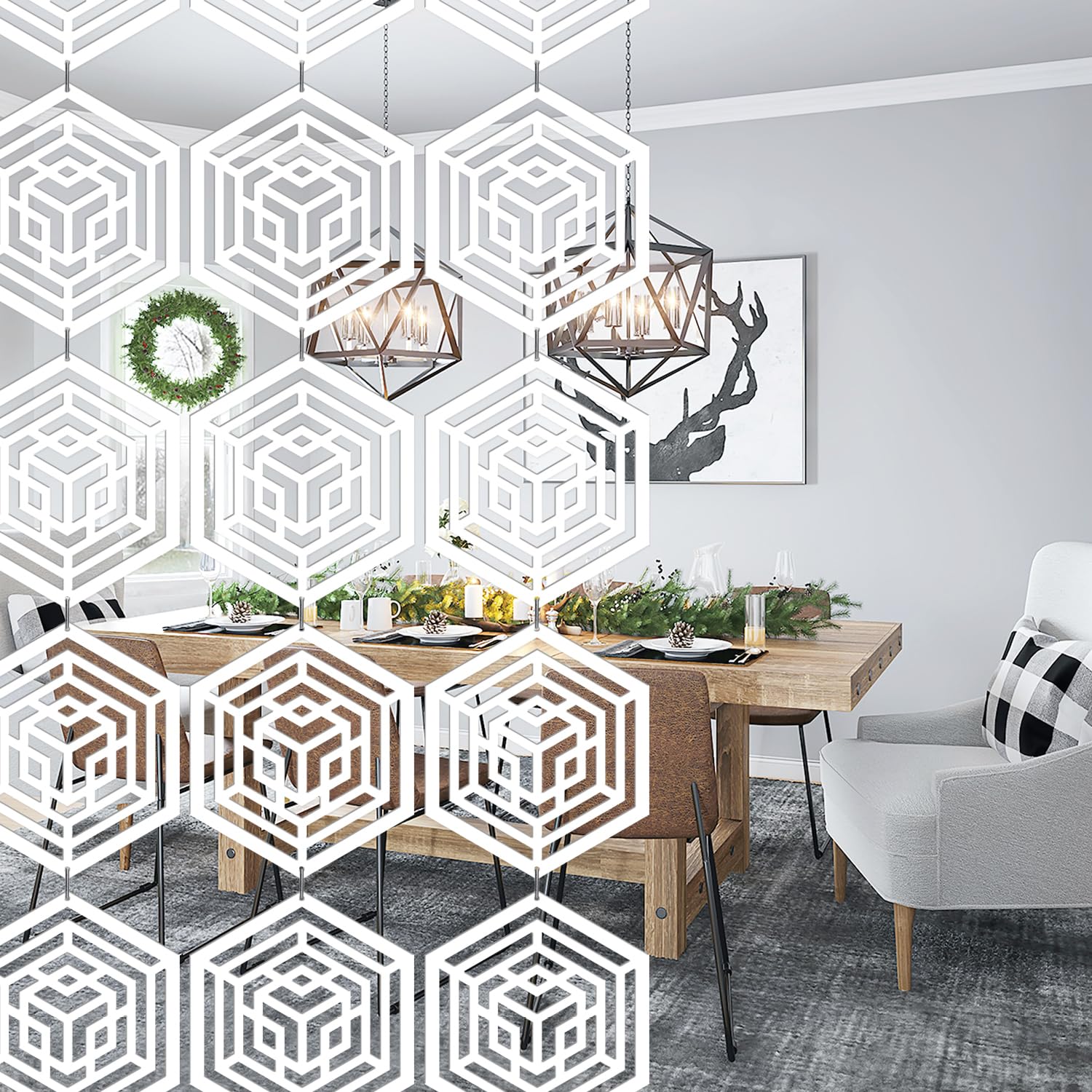 RANDOM Wooden Room Partition for Living Room (11.5" x 11.5" x 12 Panels), 12Pcs Hanging Wall Divider for Decoration, Mandir, Office -White (Design 02)-image-15