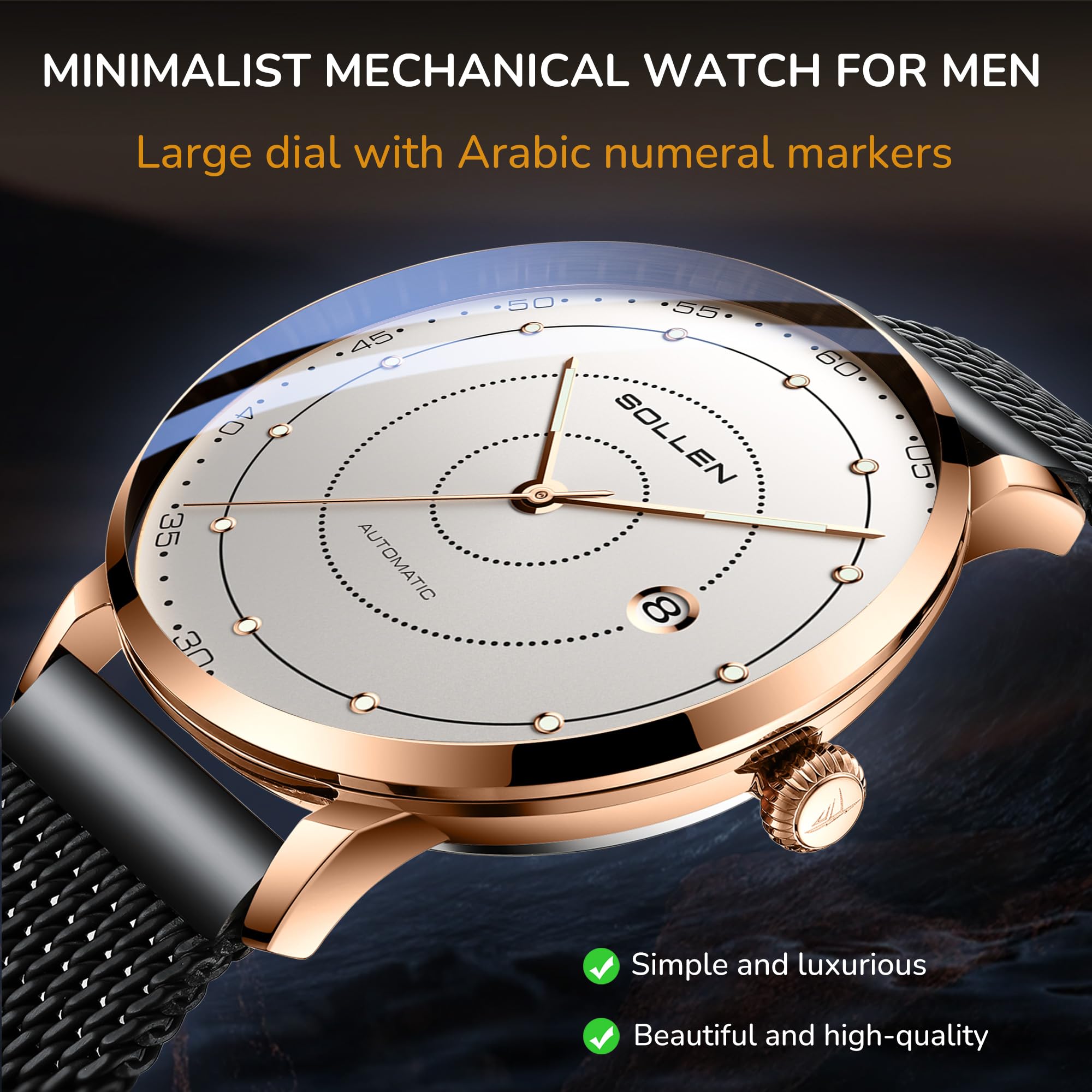 SOLLEN Automatische Herrenuhren, minimalistische mechanische Uhren für Männer, luxuriöse, leuchtende Herren-Armbanduhr mit Kalender