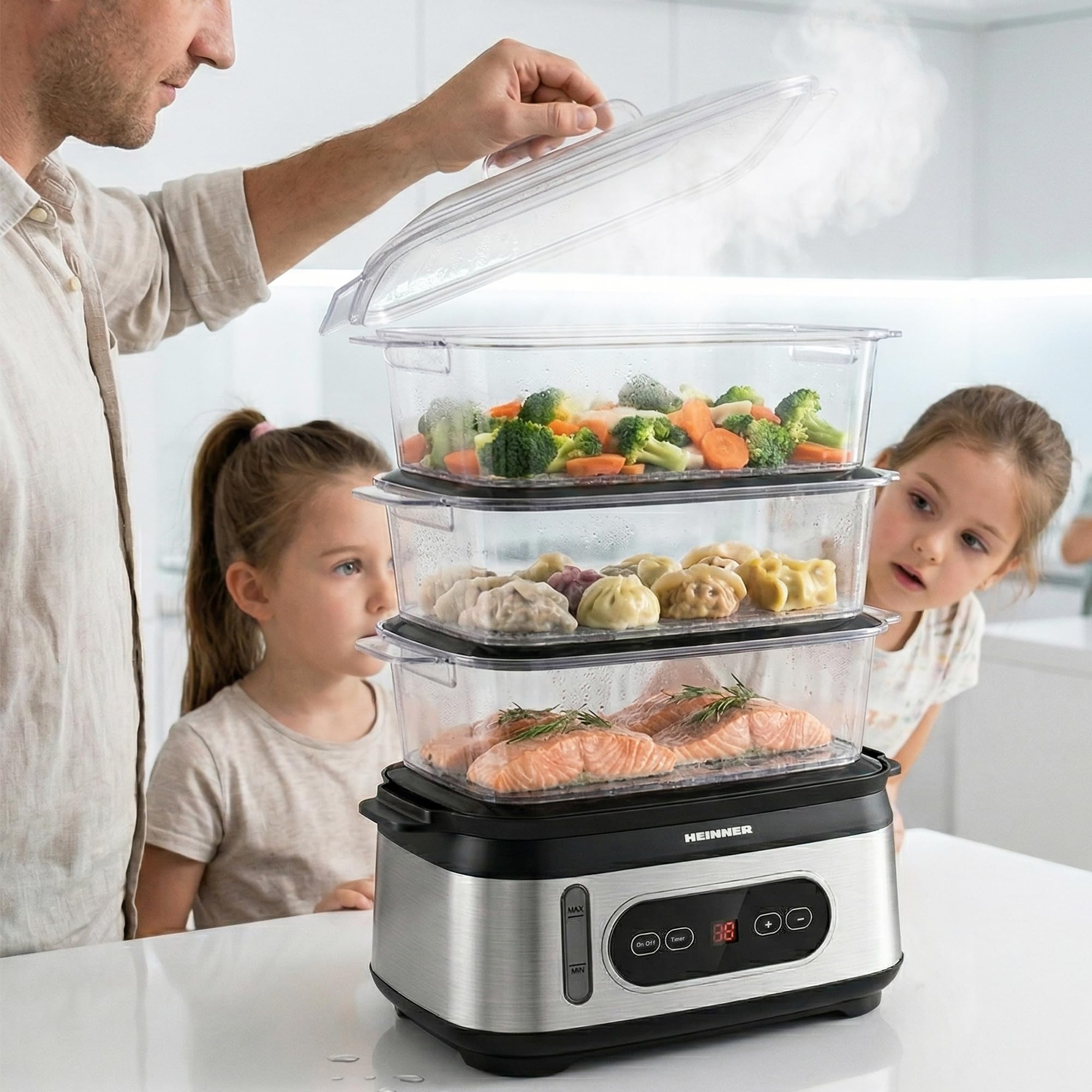 Dampfgarer Elektrisch 9L, 3 Ebenen BPA-frei, LED-Display, Digitaler Timer 0–90 Min, Startvorwahl 12 Std, Abschaltautomatik, Spülmaschinengeeignet, inkl, 950 W, Modell ONE STEAM HSA-D950SS