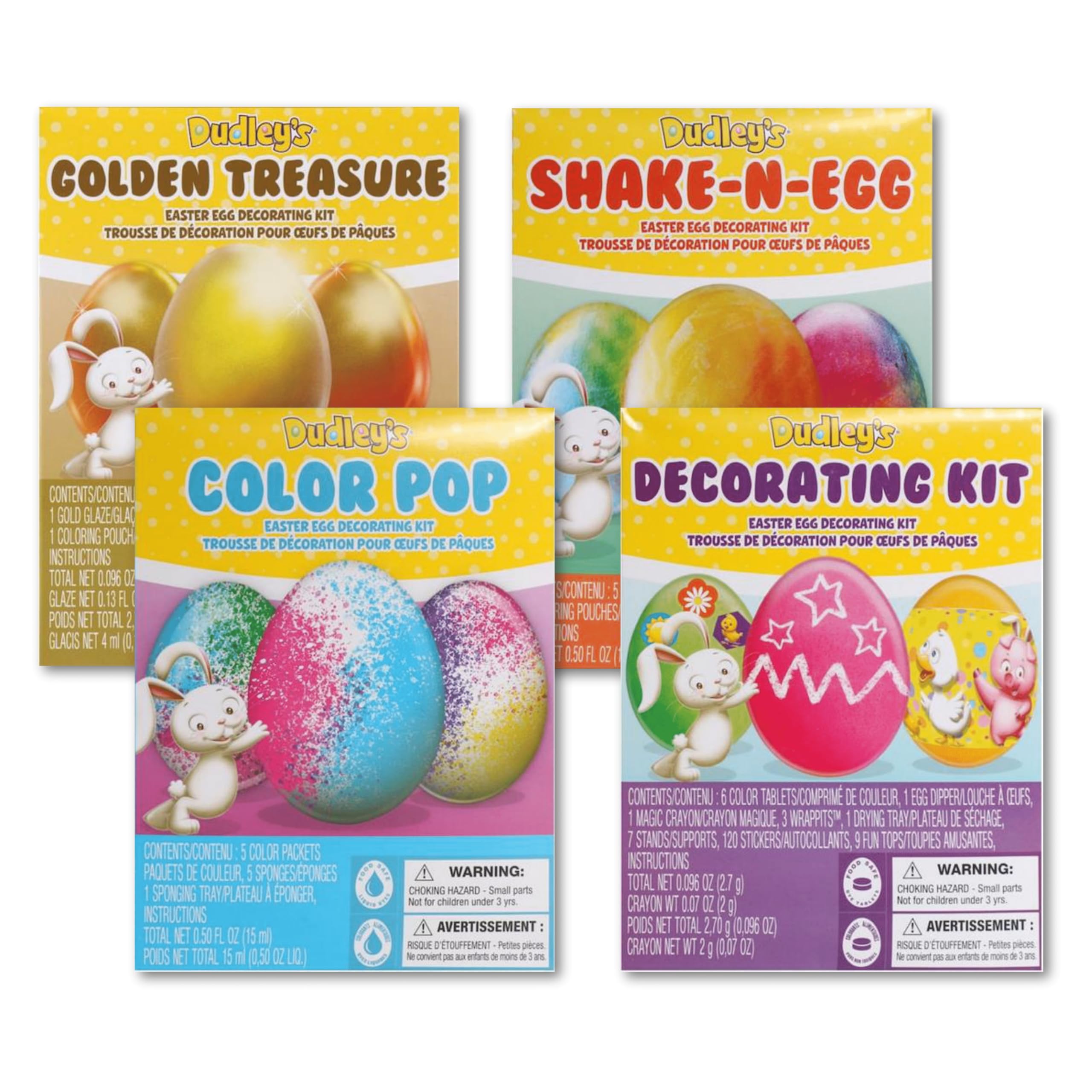 Easter Egg Dying Kits Bundle of 4 (Includes Dudley's Easter Decorating Kit, Shake-N-Egg, Color Pops, and Golden Treasure Egg Kit)