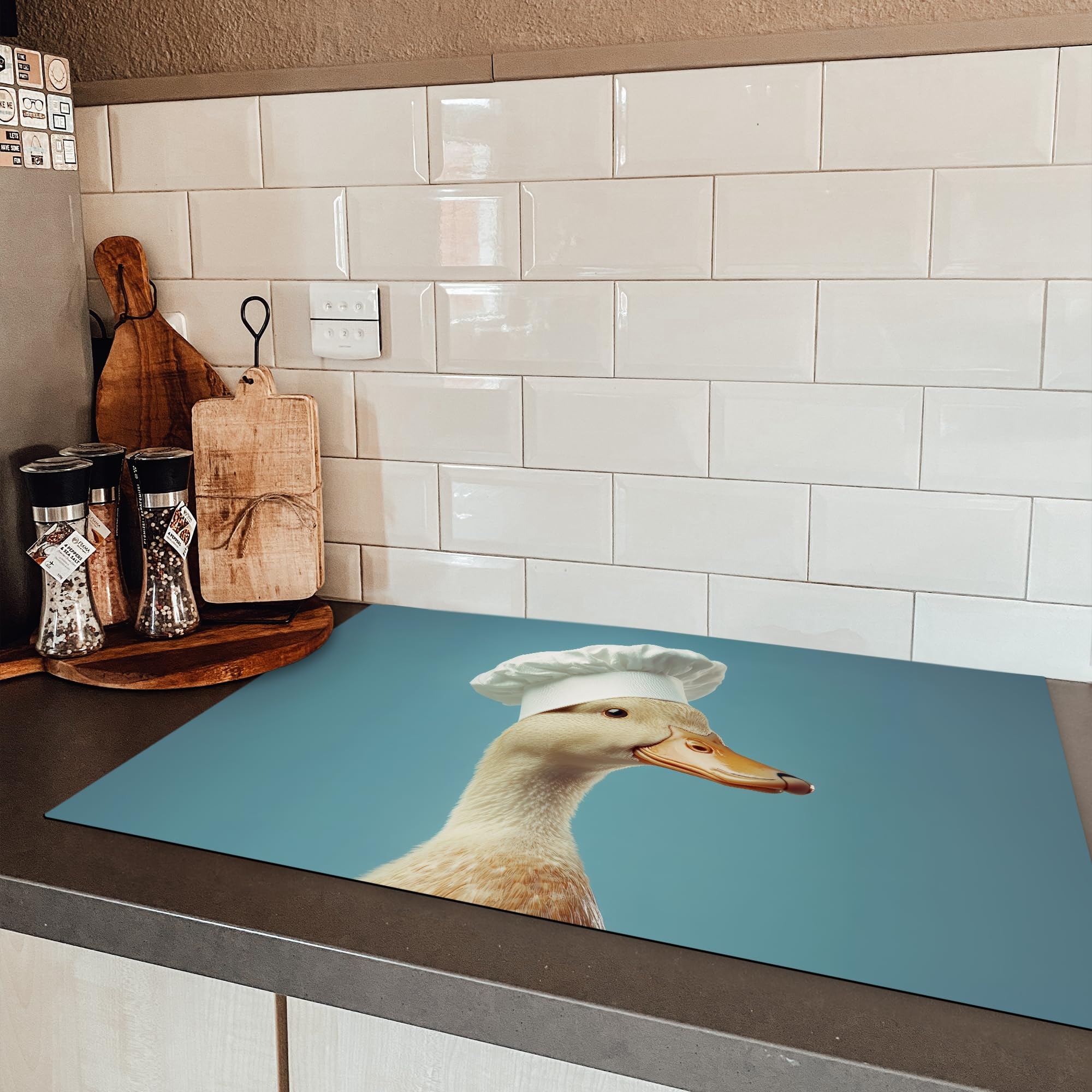 KitchenYeah© Protector Vitroceramica 80x52 cm Tapa para induccion Placa Encimera Cubre de Protectora Cocina Pato - Gorro de Cocinero - Bonito - Ave