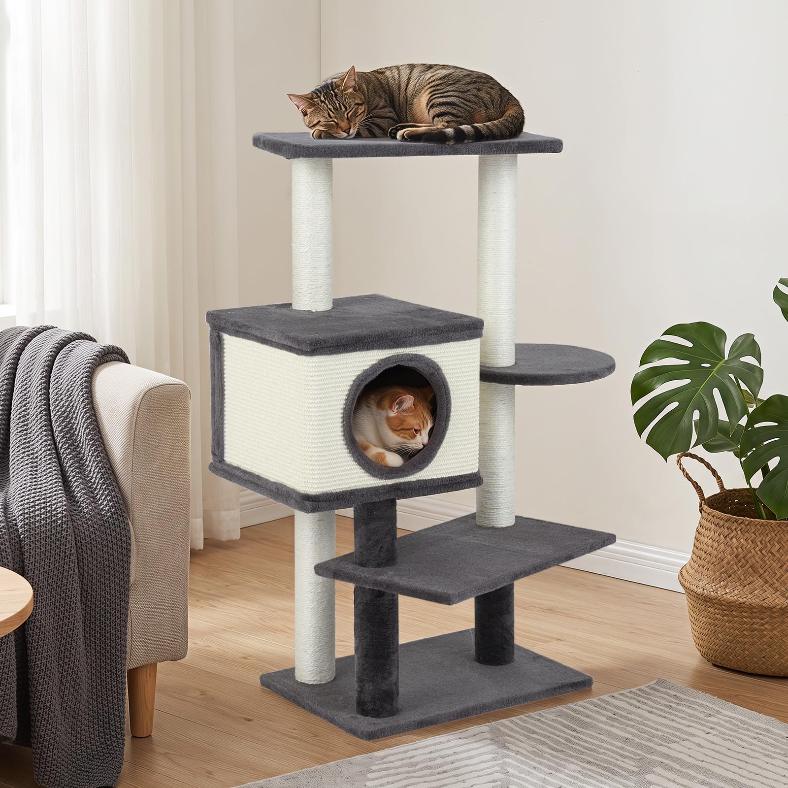 COSTWAY Albero Tiragraffi per Gatti Adulti e Piccoli Alto 99 cm | con Cuccia, Posatoi, Trespolo e Pali Graffiatoi, Struttura in Legno e Fodera in Pelluche Morbido