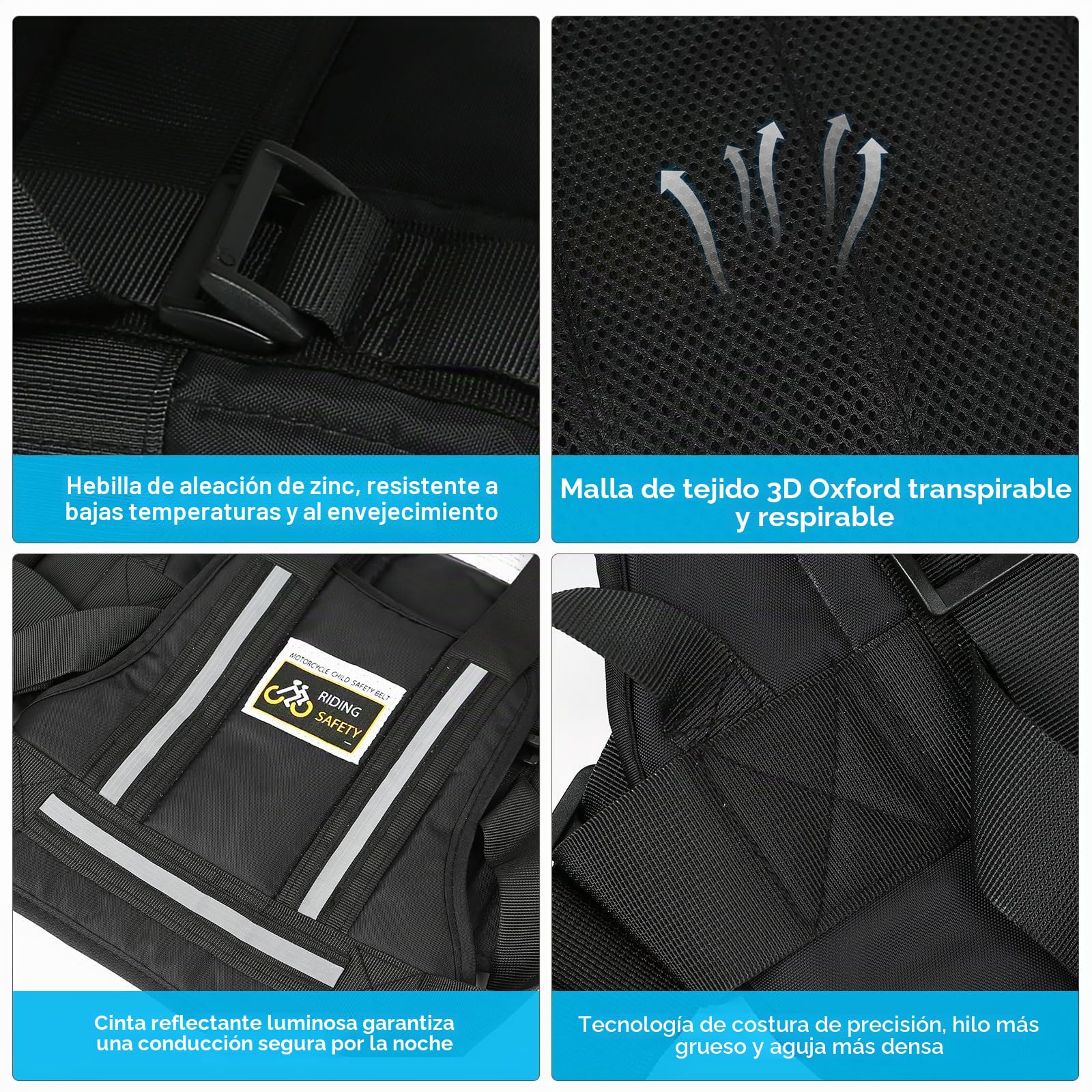 Cinturón de seguridad para motocicleta para niños con dos asas, correa ajustable para motocicleta para niños con 3 materiales reflectantes, protección contra caídas para bebés adecuado para niños