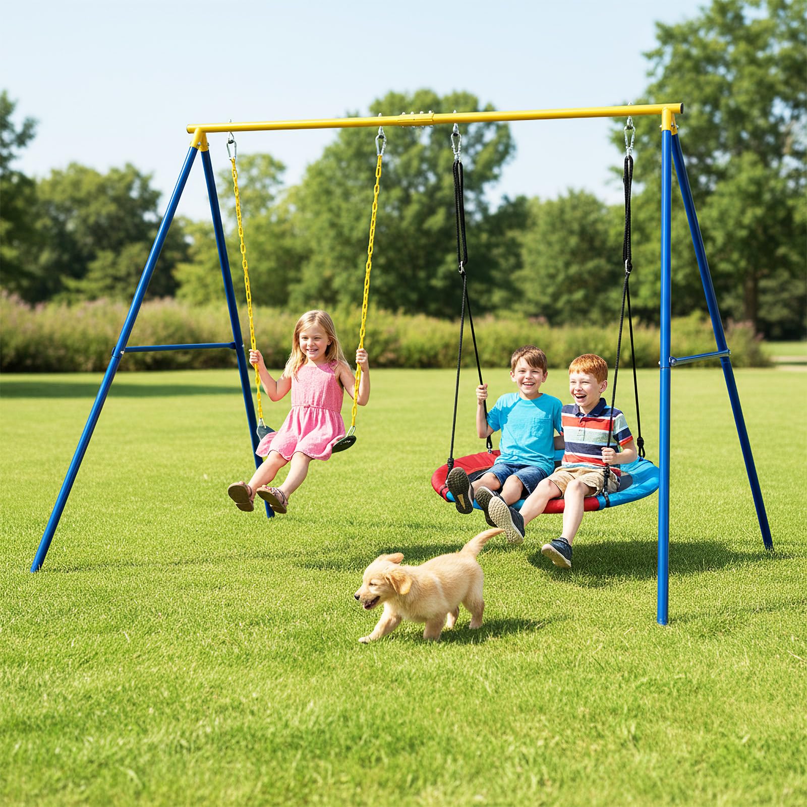 RELAX4LIFE Struttura per Altalena Doppia da Giardino con Portante 300kg, 2 Posti da Appendere, per Bambini e Adulti, Gioco Interno/Esterno, 4 Picchetti, Copripiedi e Moschettoni, Giallo e Blu