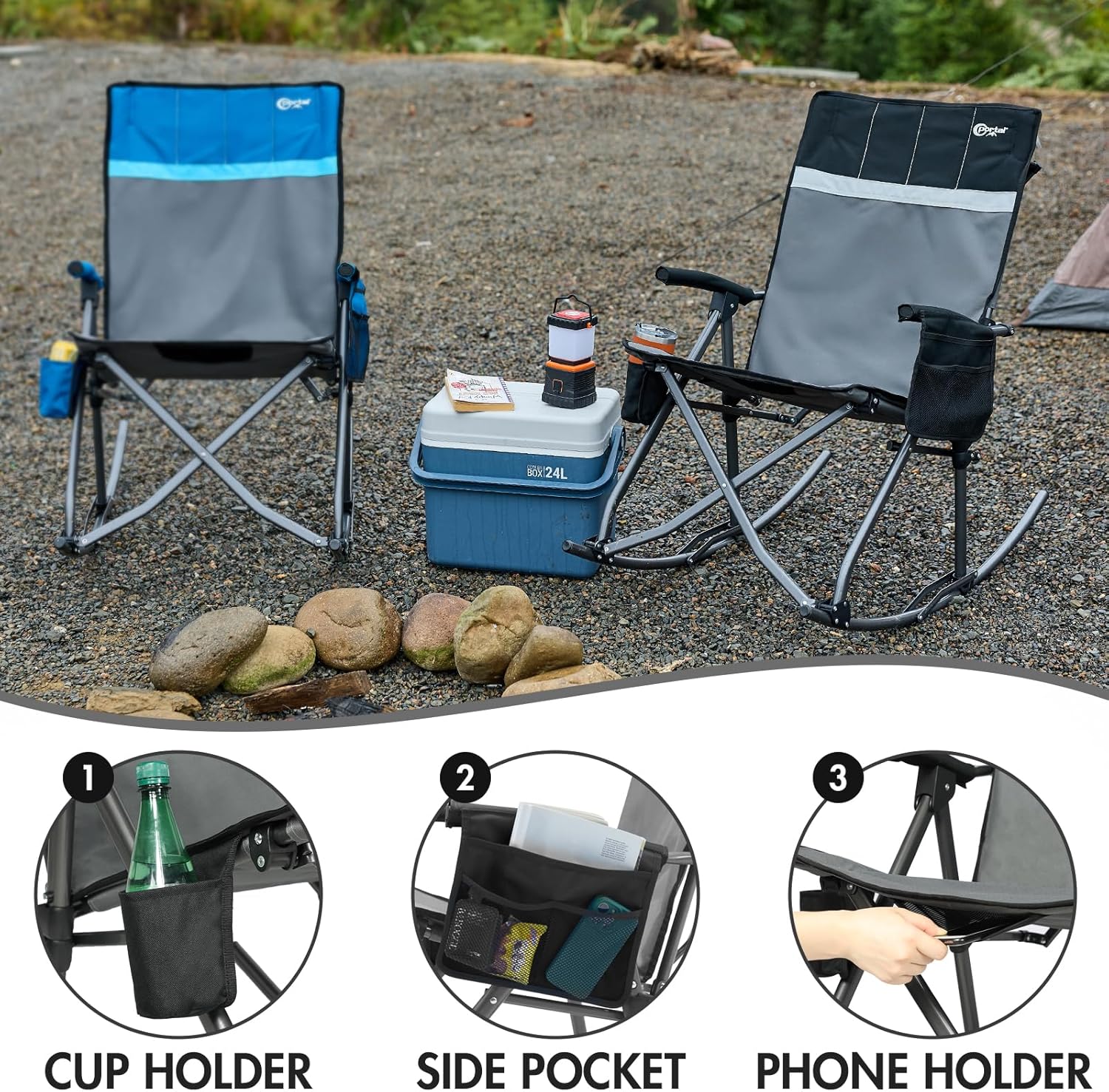 Portal Oversized Folding Rocking Camping Chair for Adults, Portable & Foldable Outdoor Lawn Rocker Chairs with High Back Hard Armrests Carry Bag for Outside, Camp, Patio, Supports 400lbs, Grey&Black