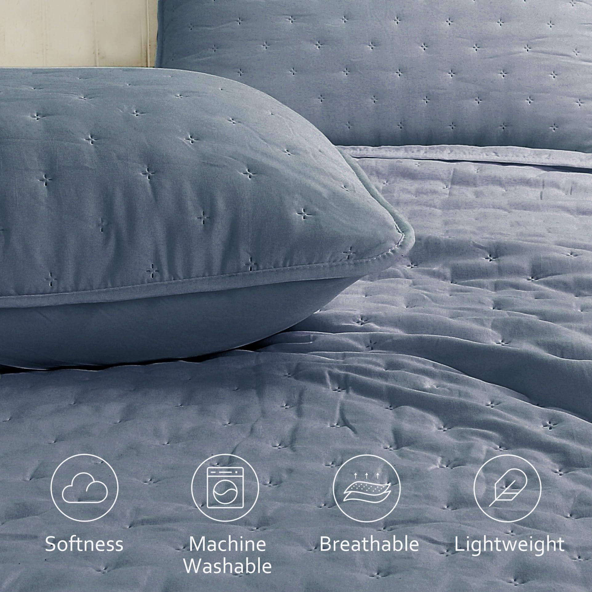 ROARINGWILD Set di biancheria da letto per letto matrimoniale, colore: blu polveroso, copriletto leggero e morbido, copriletto rustico rustico per la primavera e l'estate, 1 federa, 172,7 x 228,6 cm