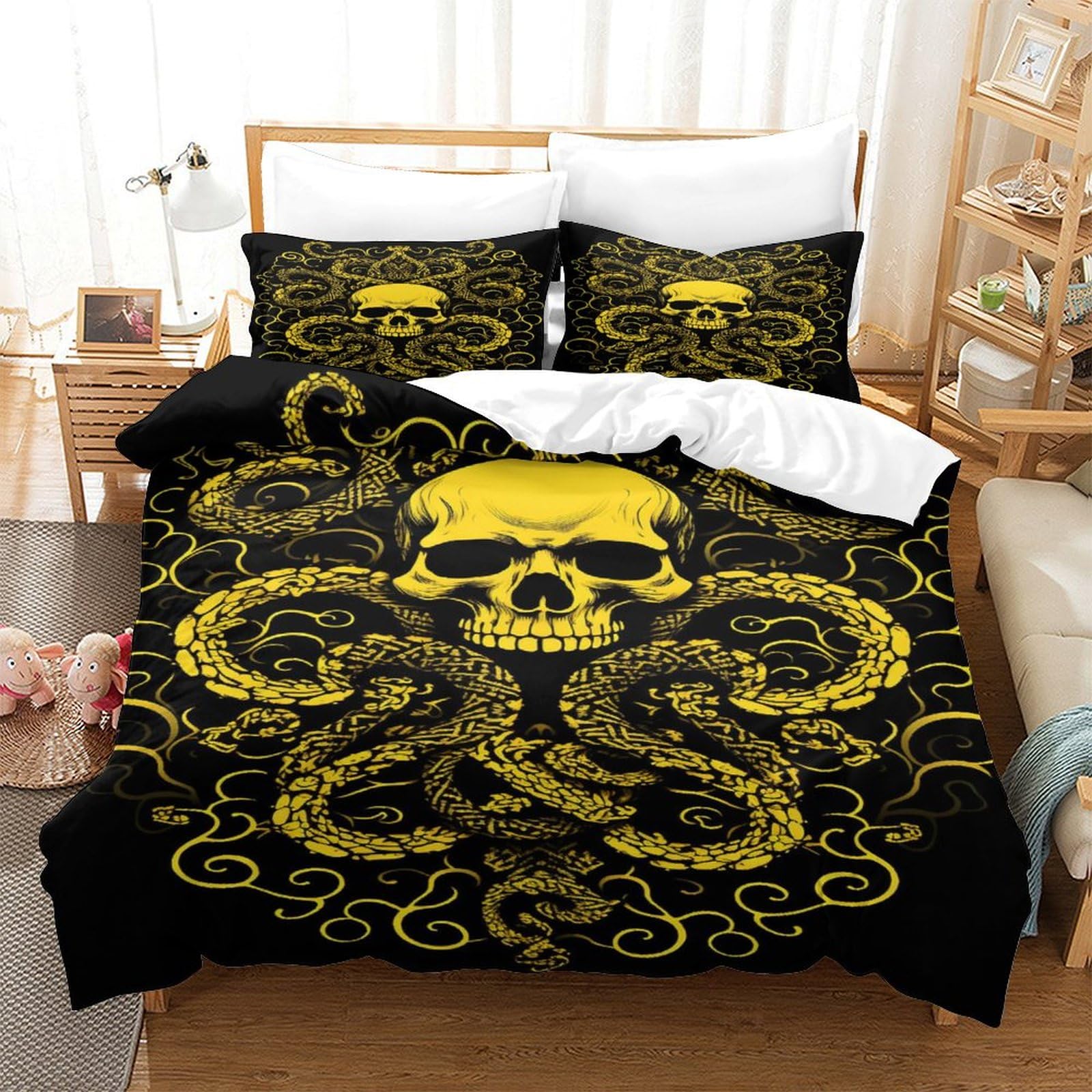 Housse de couette 260x240 tête de mort dorée en microfibre avec 2 taies d'oreiller