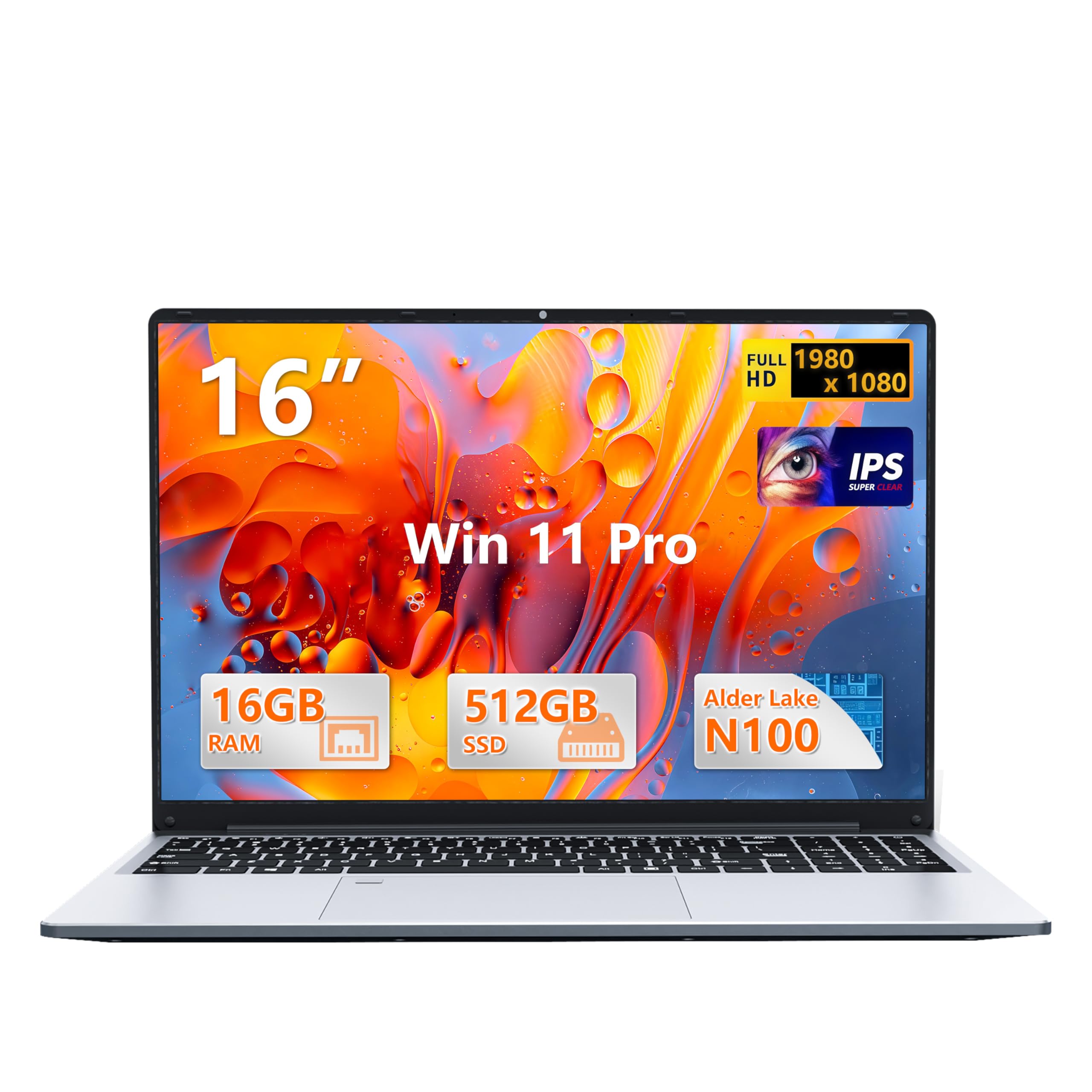 16 Pouces Ordinateur Portable, 16Go RAM 512Go SSD Celeron N100 (jusqu'à 3,4 GHz) PC Portable, Laptop Clavier Rétroéclairé FHD Empreinte Digitale Wi-FI/BT Win 11 Pro pour étudiants et Bureaux