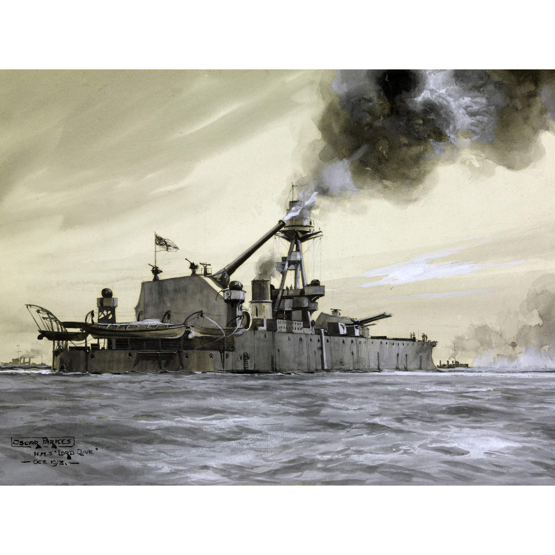 Parkes HMS Lord Clive Shelling Deutscher Festkrieg Gemälde großer Kunstdruck auf Leinwand Premium Wandbild