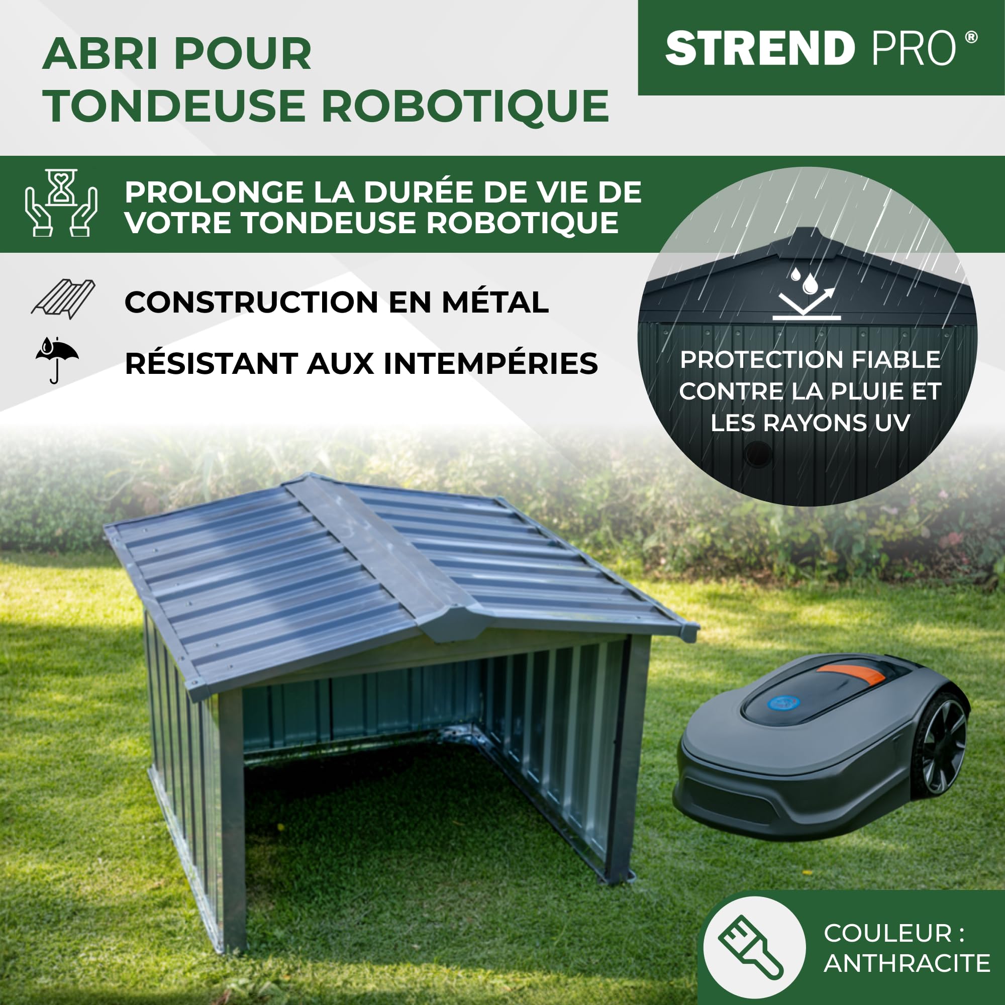 STREND PRO Garage Pour Robot Tondeuse En Métal Anthracite 86x88x60 cm | RÉSISTANT AUX INTEMPÉRIES | Anti-UV | Abri | Carport | Toit Protecteur | Couverture Pour Robot Tondeuse
