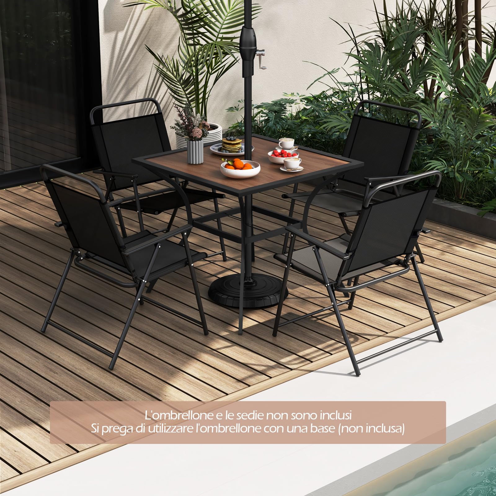 COSTWAY Tavolo da Pranzo da Giardino per 4 Persone con Foro per Ombrellone | Tavolo Quadrato da Esterno 85 cm con Piano in Legno e Telaio in Metallo, Portata 80 kg