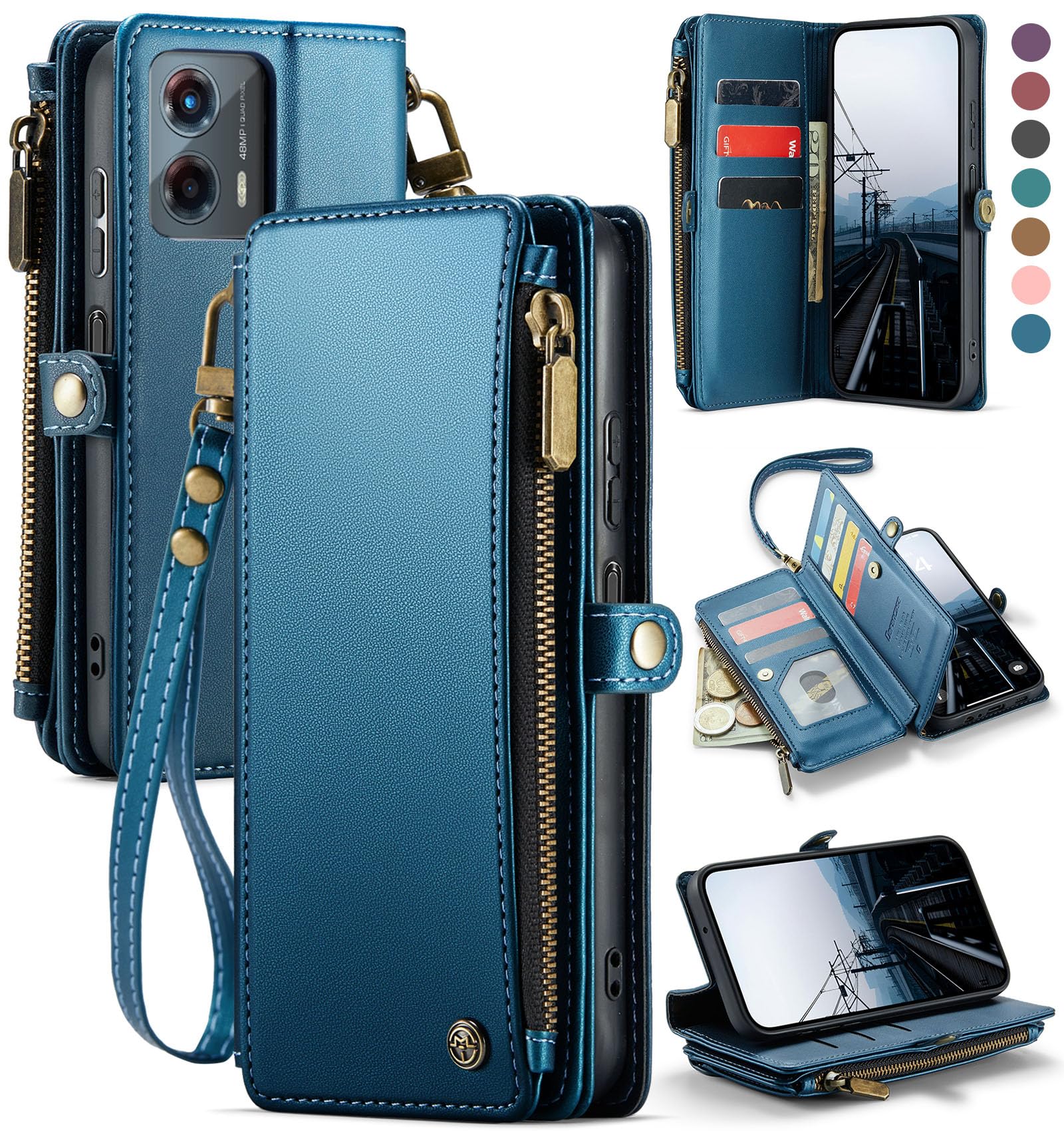 Defencase Compatible with Moto G 5G 2024 Case, RFID Blocking Wallet Case for Motorola Moto G 5G 2024 Fashion PU Leather Flip Strap Zipper Card Holder