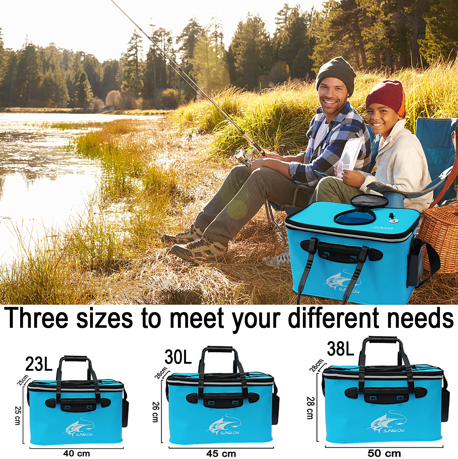Cubo de Pesca Plegable Portátil, Contenedor de Cebo Vivo Multifuncional, Bolsa de EVA para Acampar al Aire Libre y Protección de Peces (Azul, 30L)