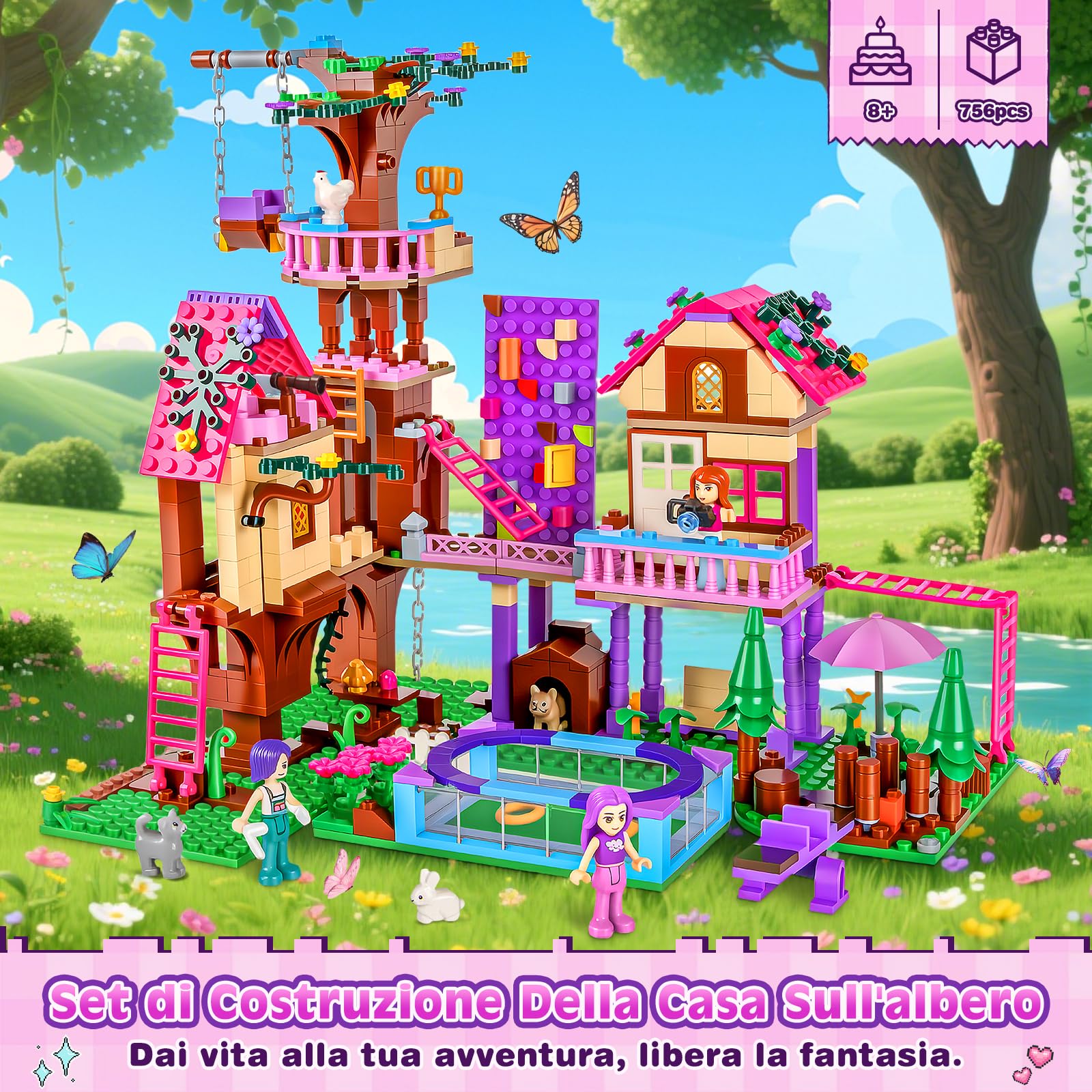 Charmofun Set di Costruzione Della Casa Sull'albero, Set di Costruzioni Casa Delle Ragazze con 3 Bambole e 4 Animali, Friends Casa Sull'Albero Dell'Amicizia per Bambini dai 8 Anni in su (Rosa)
