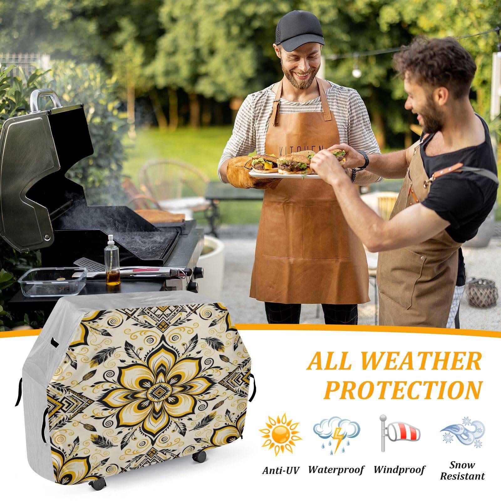 Pokrowiec na grilla na patio, 150 cm, wytrzymały, odporny na blaknięcie i promieniowanie UV, na zewnątrz, patio, pokrowiec na grilla, kwiat paisley, ciemnoczarny, żółty, złoty