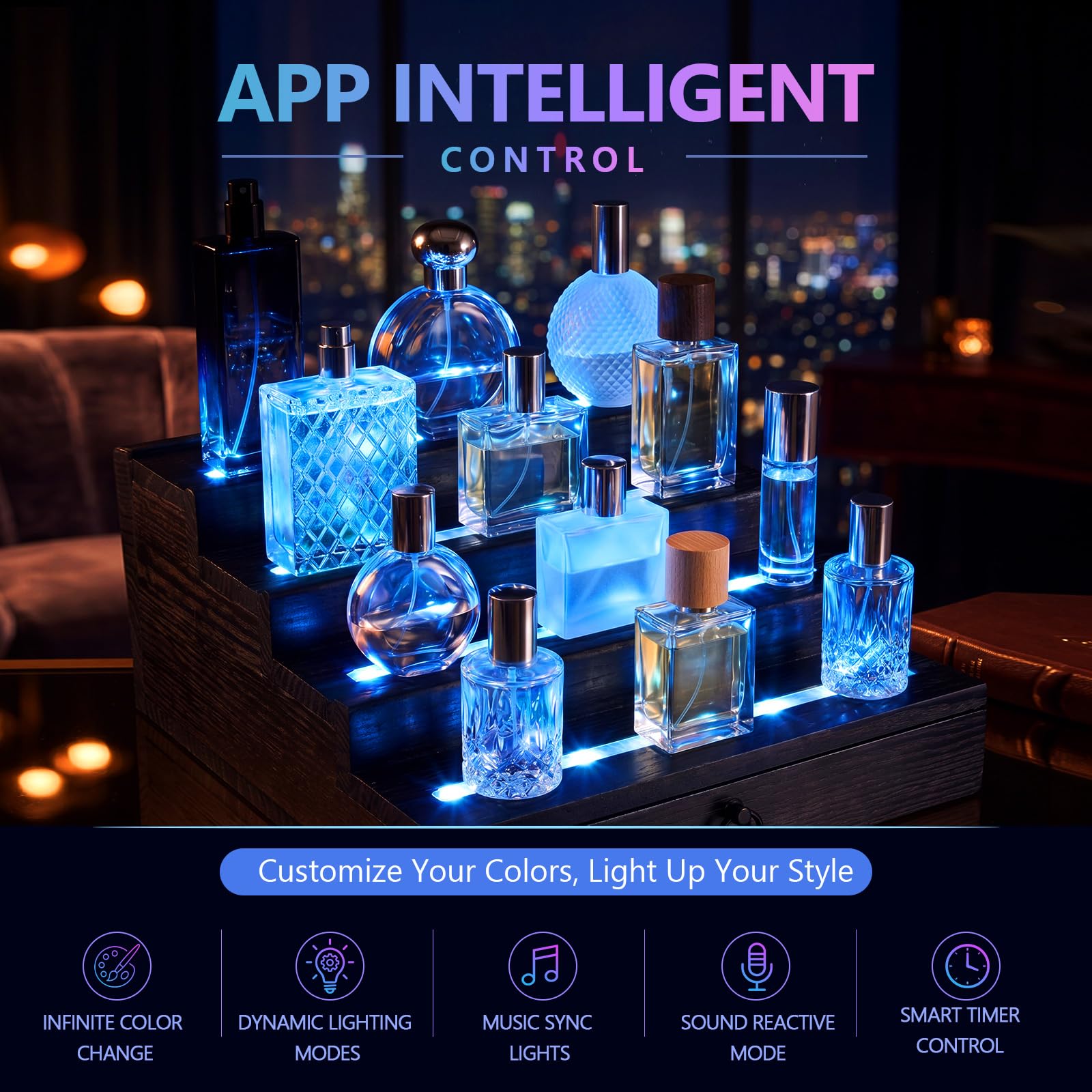 Organizador de perfumes de madera de 4 niveles con iluminación LED para hombres, organizador de perfume con cajón y múltiples modos de iluminación, soporte de exhibición de perfume con