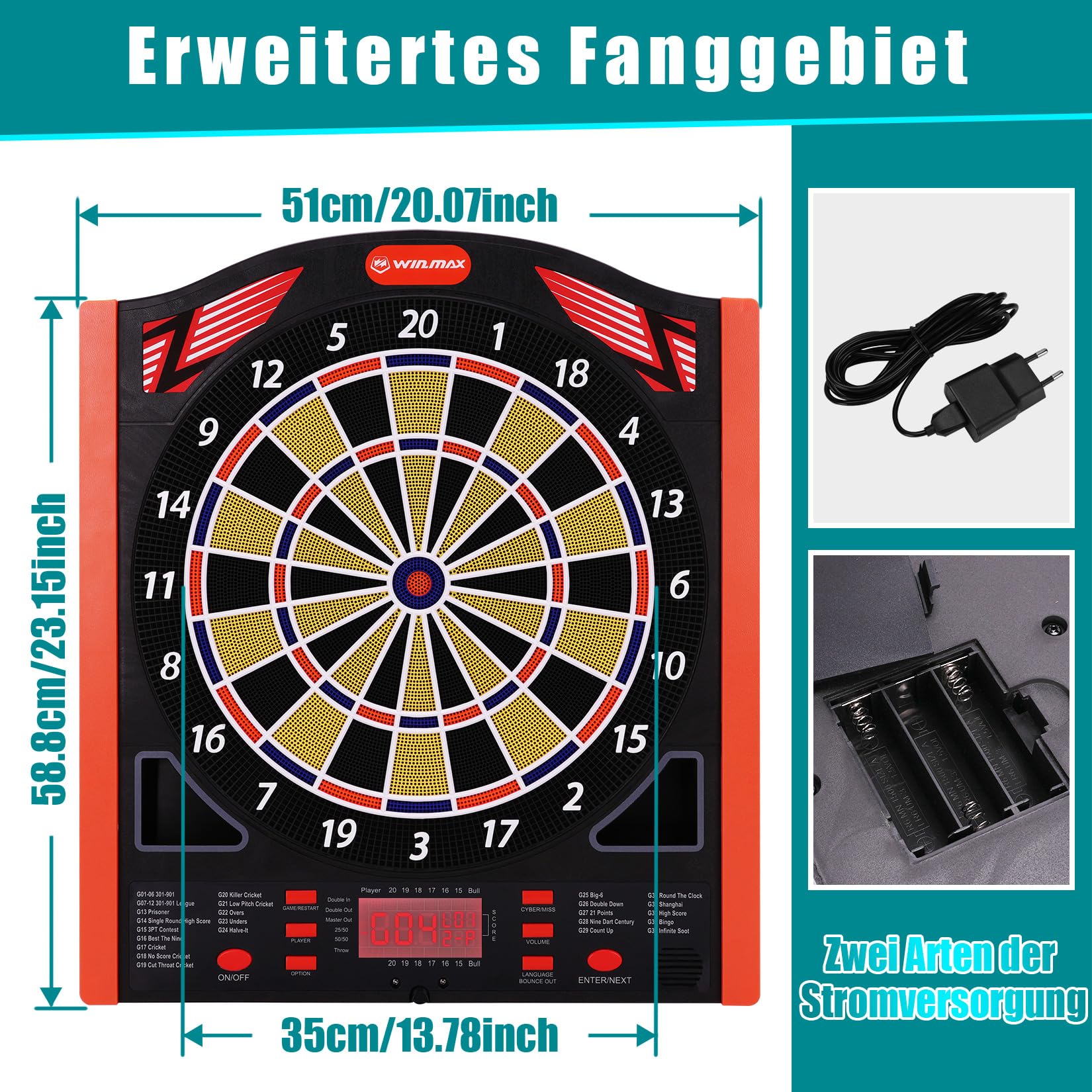 Jeu de fléchettes électronique, kit professionnel avec laser Throw/Toe Line marqueur avec voix allemande, adapté pour batterie/adaptateur pour 1 à 8 joueurs avec 12 lots
