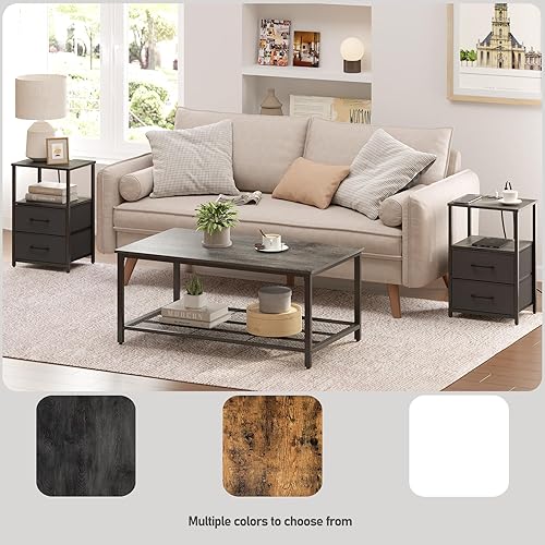 Miniatura 6 de TUTOTAK Mesa auxiliar con estación de carga, mesa auxiliar con 2 puertos USB y tomacorrientes, mesita de noche con cajón de tela, juego de 2, mesa