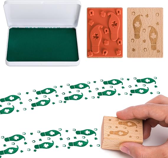 St. Patrick's Day Leprechaun Footprints Stamp, Leprechaun Trap Rubber Stamp with Ink Pad, Green Elf Tracks Feet Stamps for St. Patrick's Day DIY Craft Journal Diary Supplies Decoration