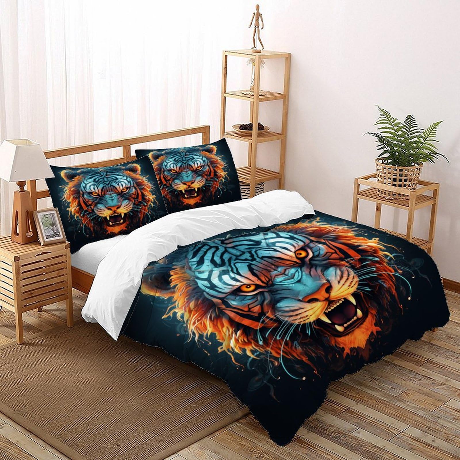 Housse de couette tigre parure de lit 3 pièces microfibre fermeture éclair taies d'oreiller