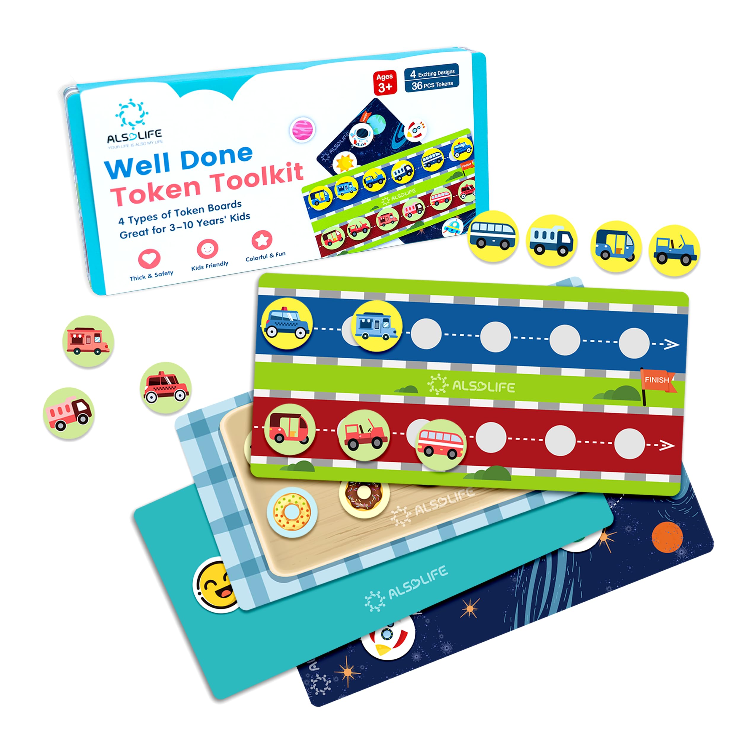 ALSOLIFE4 Types Token Board | 7 Boards & 36 Tokens | Positive Behavior Motivation for Kids and Autism | Incentive for Potty Training & Responsibility | Ages 3-10