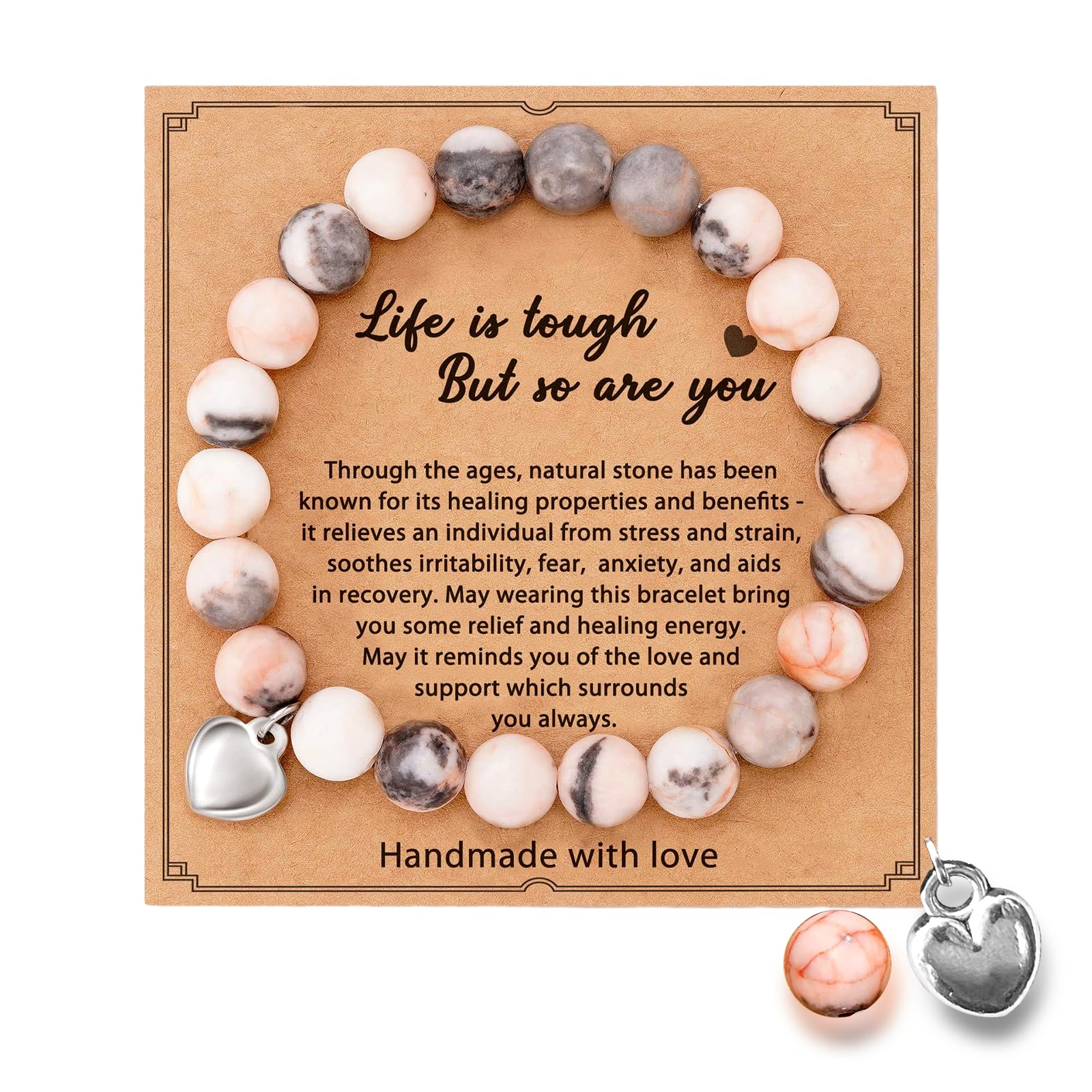 Anxiety Bracelet, Natural Stone Crystal Healing Bracelet Elastic Gemstone Beads Bracelets Pink Zebra with Heart Charm and Message Card for Women Christmas Birthday Mothers Day Gifts