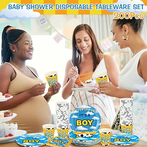 Vista 14 de Hushee Juego de 200 platos florales de papel para baby shower, servilletas, tazas, suministros de fiesta de baby shower, juego de vajilla desechable