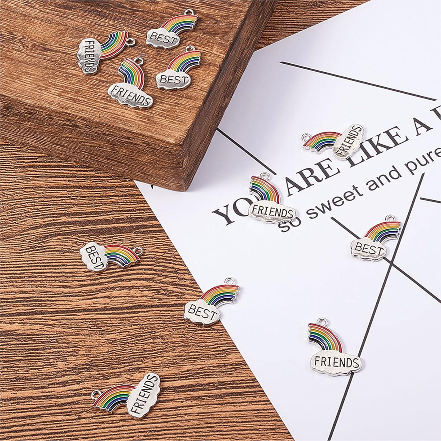 LiQunSweet 20 Pairs Enamel Rainbow Charms Word Best Friends Message Charms Bulk for Jewelry Making and Crafting - 23x16.5mm