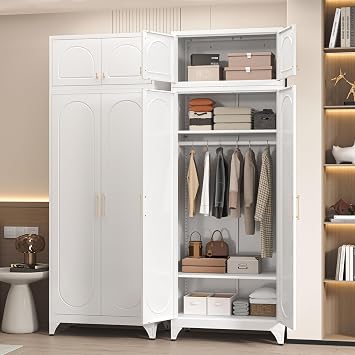 86" Metal Wardrobe Cabinets,Armoire Wardrobe Closet with Hanging Rod,Clothes Storage Cabinet with Adjustable Shelves and Doors,Clothing Cabinet for Bedroom, Office, Laundry Room