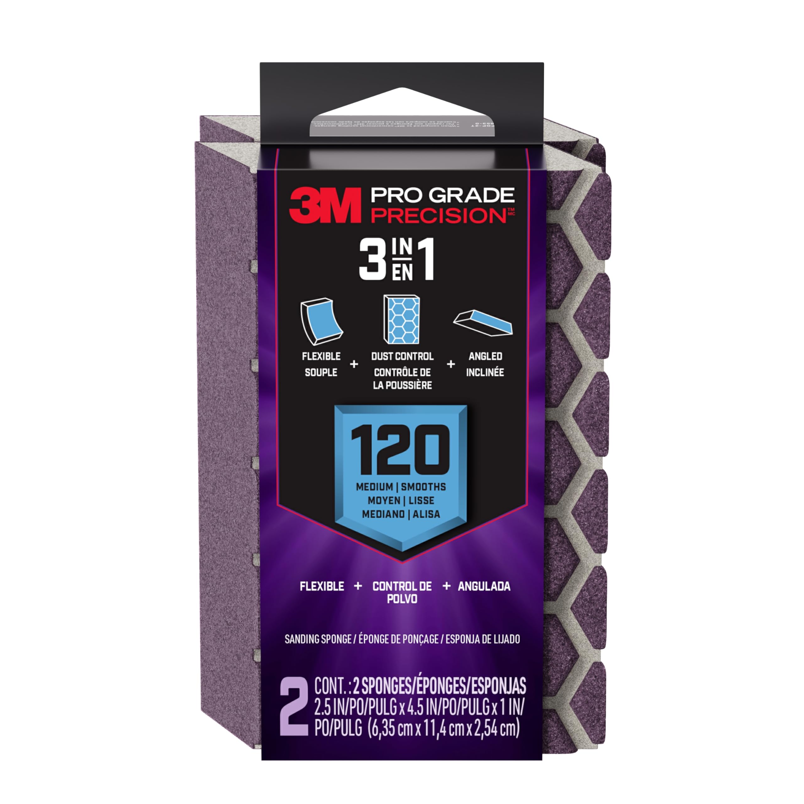 3M Pro Grade Precision 3-in-1 Sanding Sponge, 120 Grit Medium, 2 Sponges, Washable & Reusable, for Wood, Metal, Drywall, and Surface Prep – Flexible Foam, Contoured, Angled, Flat