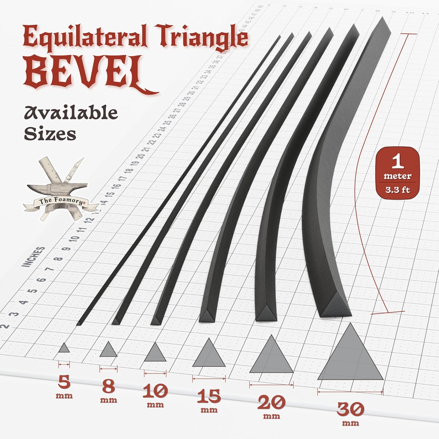 The Foamory's Instant Edge EVA Foam Bevel. Pre Cut Equilateral Triangle 3 Pack 5-30mm x 1M Save Time on Cosplay, Costume Edges and Armor Detail. Black High Density 85kg/m³ EVA Craft Foam Beveled Dowel
