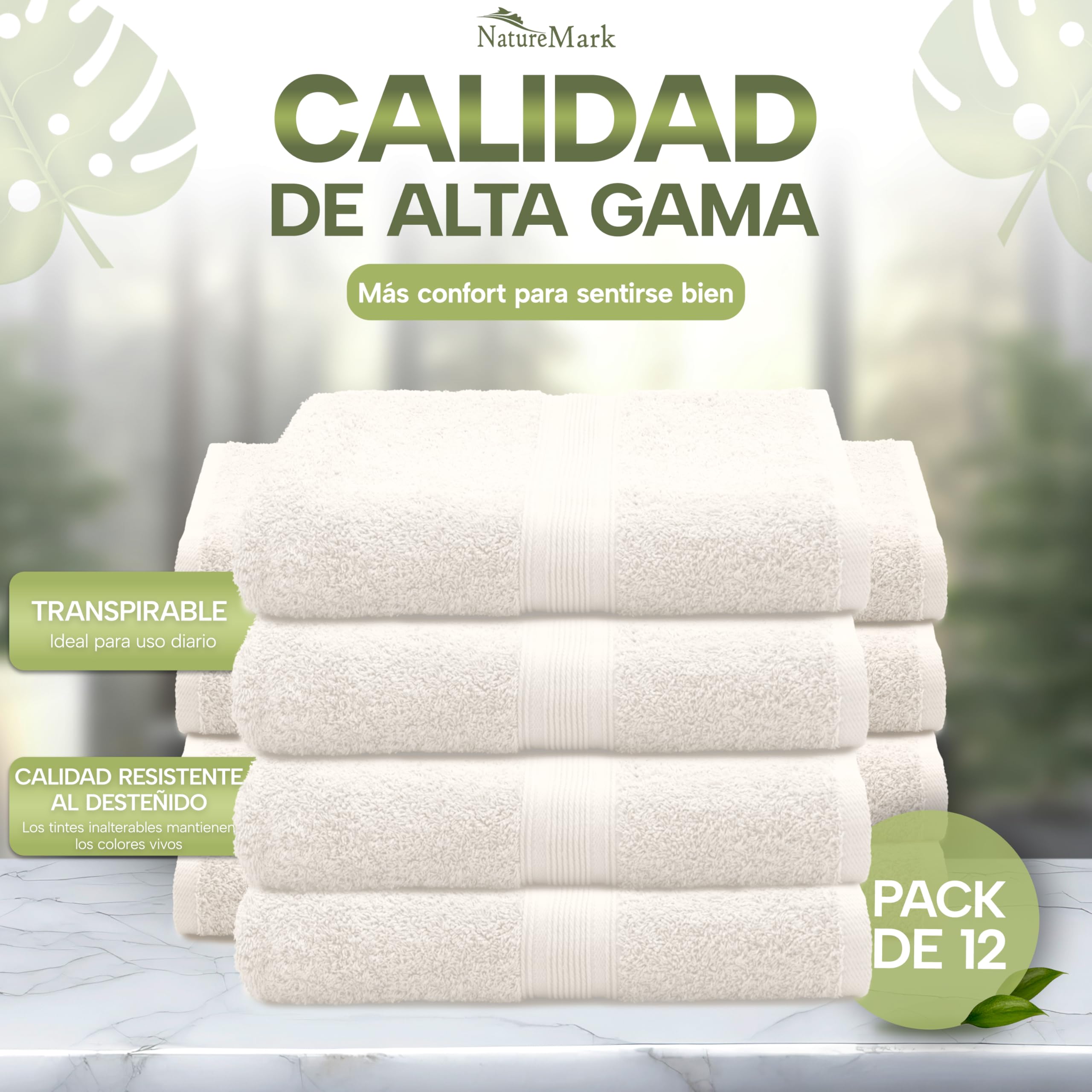 NatureMark Toallas de Invitado 30x50 cm Pack de 12 100% Algodón Oeko-Tex Suaves Absorbentes Natural/Crema