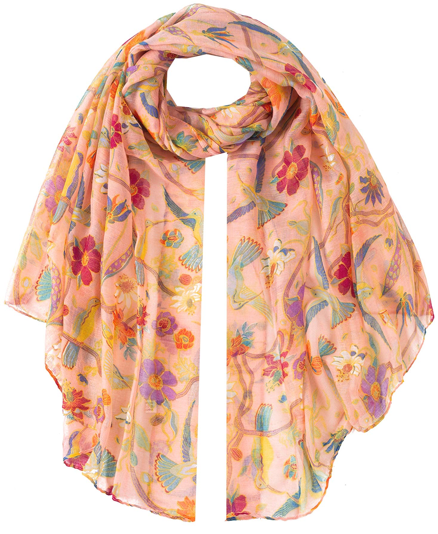 World Of Shawls Girls Multi Colour Birds Peach Winter Christmas Robin Bird Print Lady Women Colorful Long Cute Scarf Wraps Shawl Soft Scarves Maxi (Multi Colour Birds Peach)