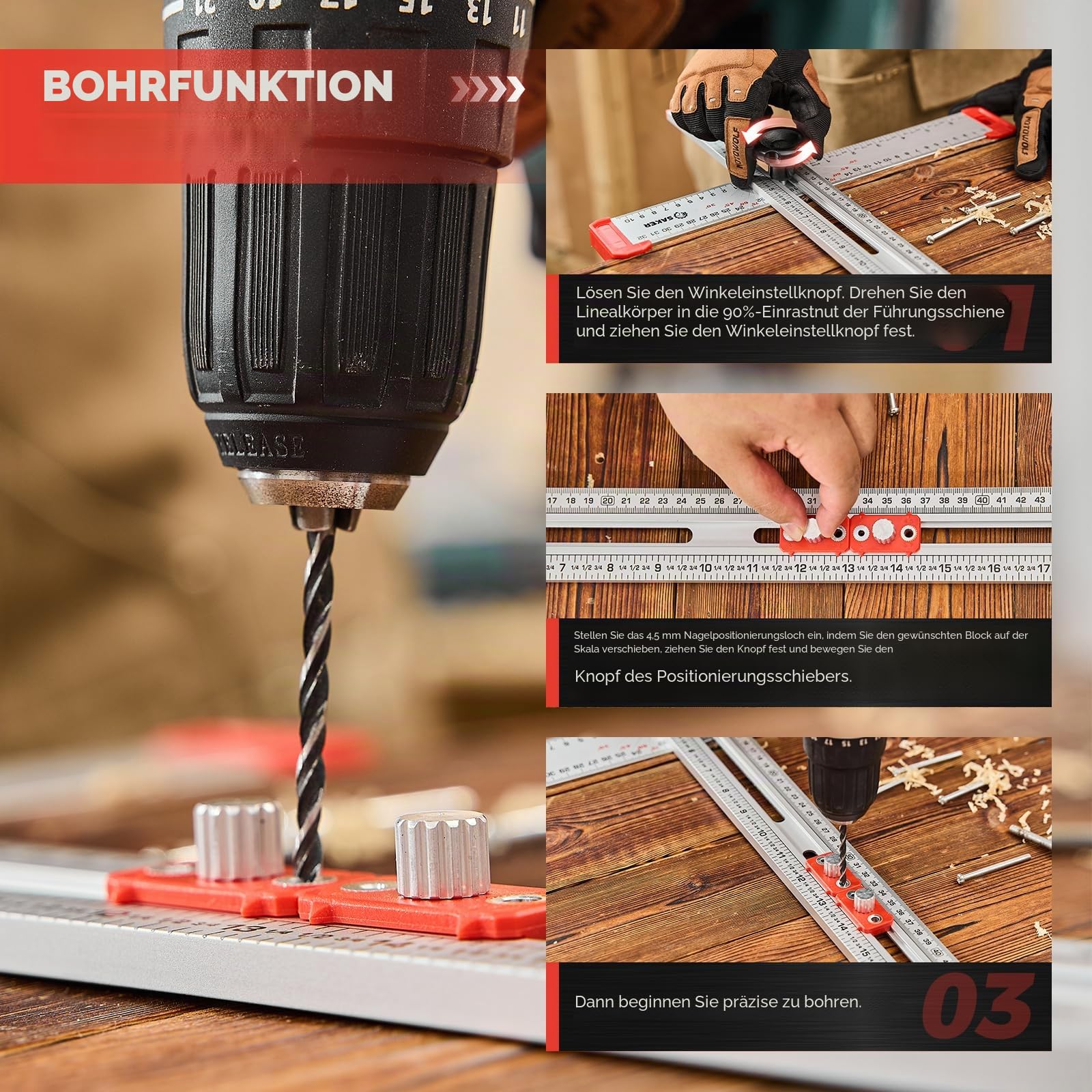 Saker 4-in-1-Lineal für Bohrpositionierung, T-Vierkant, Markierungslehre, Holzbearbeitung, Anreißen, Zeichnen, präzises Bohrwerkzeug