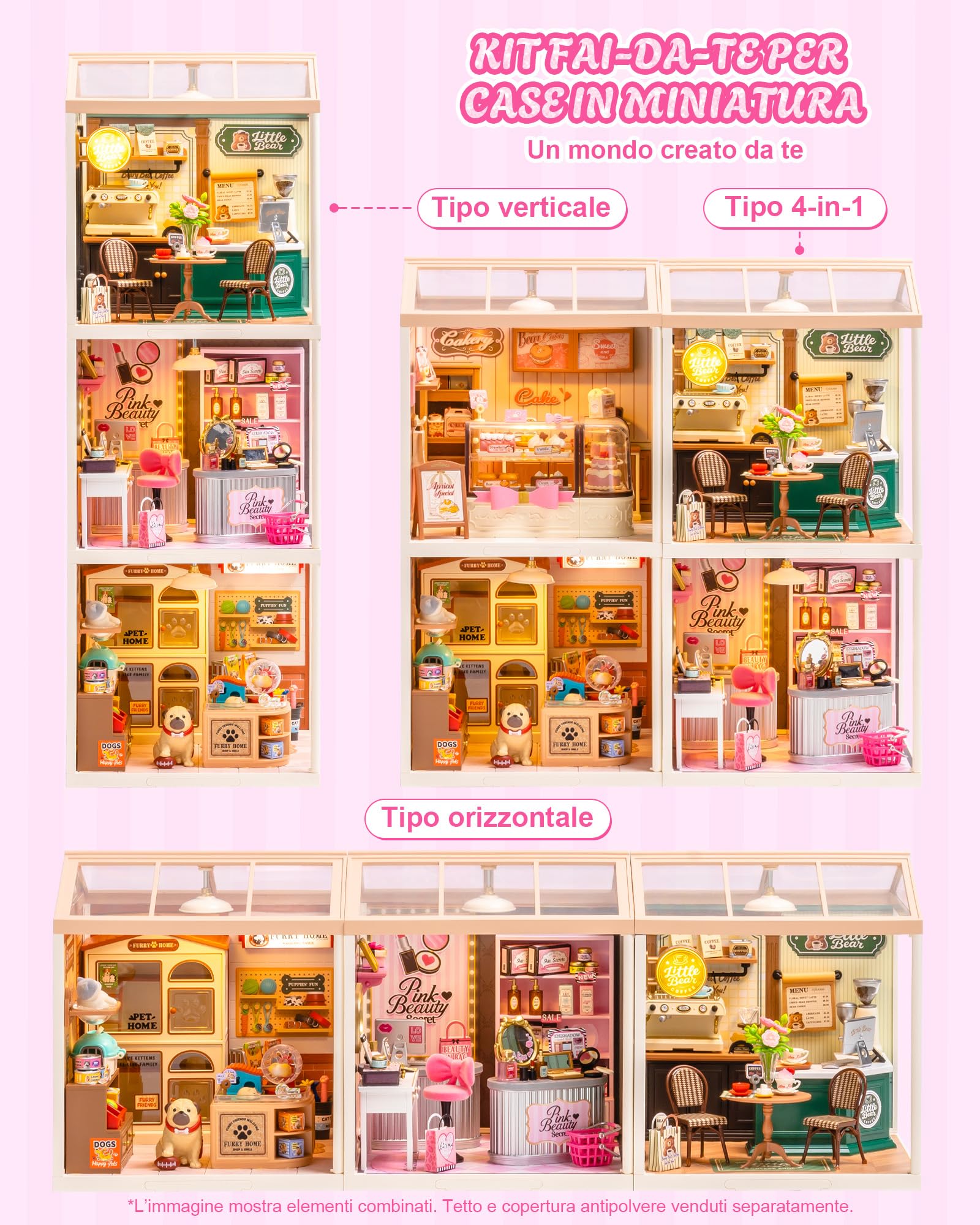 Rolife Super Creator Pink Beauty Store, Kit Fai da Te in Miniatura per Casa delle Bambole con Luce, Kit di Mobili per Casa delle Bambole in Plastica Senza Colla, Kit di Costruzione in Miniatura per