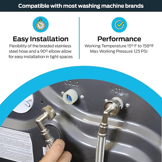 Eastman Washing Machine Connector, 3/4 Inch FHT Connection, 90 Degree Elbow, 5 Foot Braided Stainless Steel Washing Machine Hoses, 48375