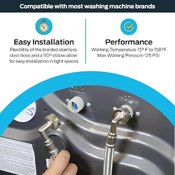 Eastman Washing Machine Connector, 3/4 Inch FHT Connection, 90 Degree Elbow, 5 Foot Braided Stainless Steel Washing Machine Hoses, 48375