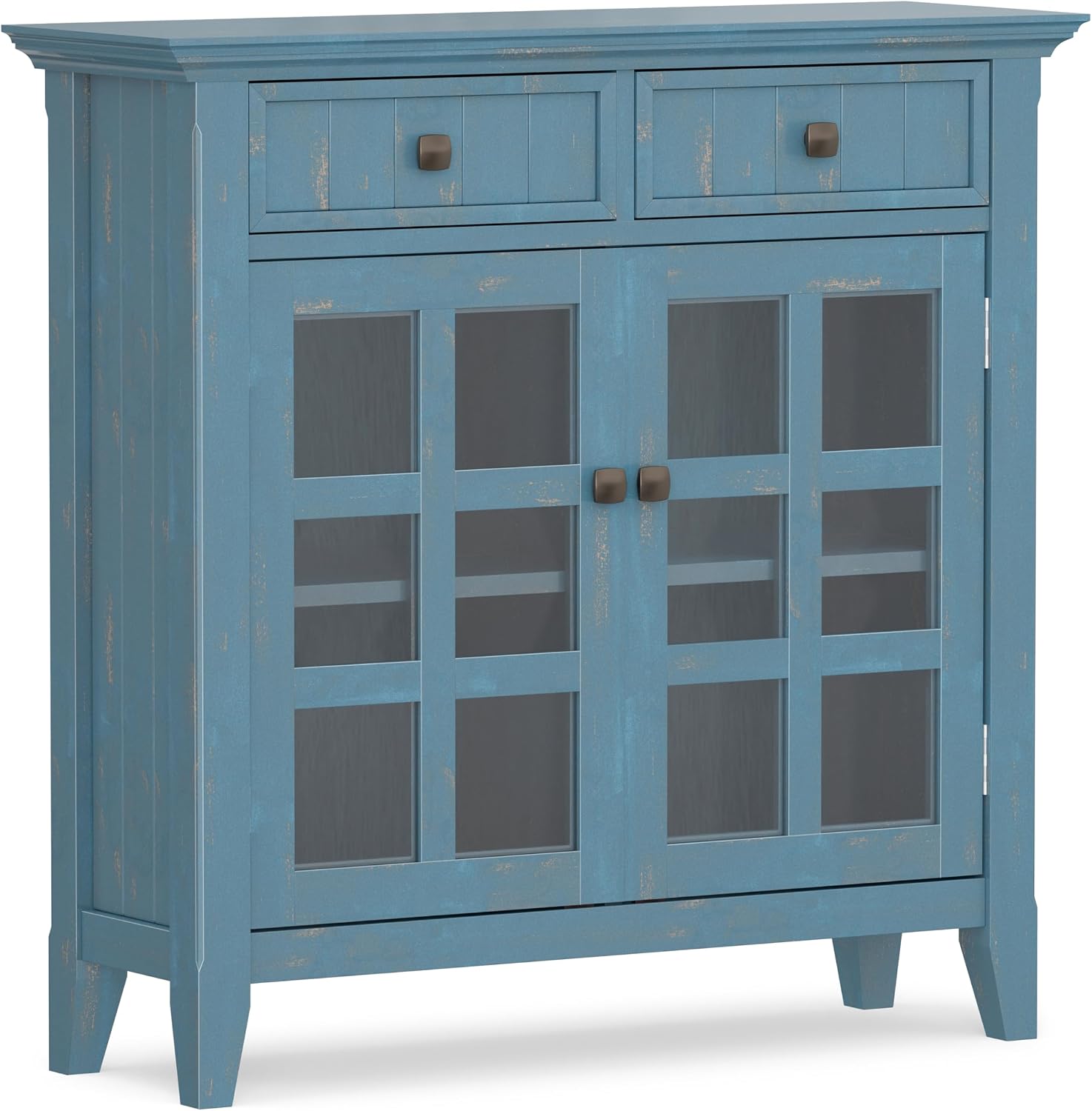 SIMPLIHOME Acadian Storage Cabinet - 36 inch Wide Solid Wood Entryway Storage Cabinet in Distressed Coastal Blue, Transitional Cabinet for Hallway or Living Room with 2 Drawers and Adjustable Shelves