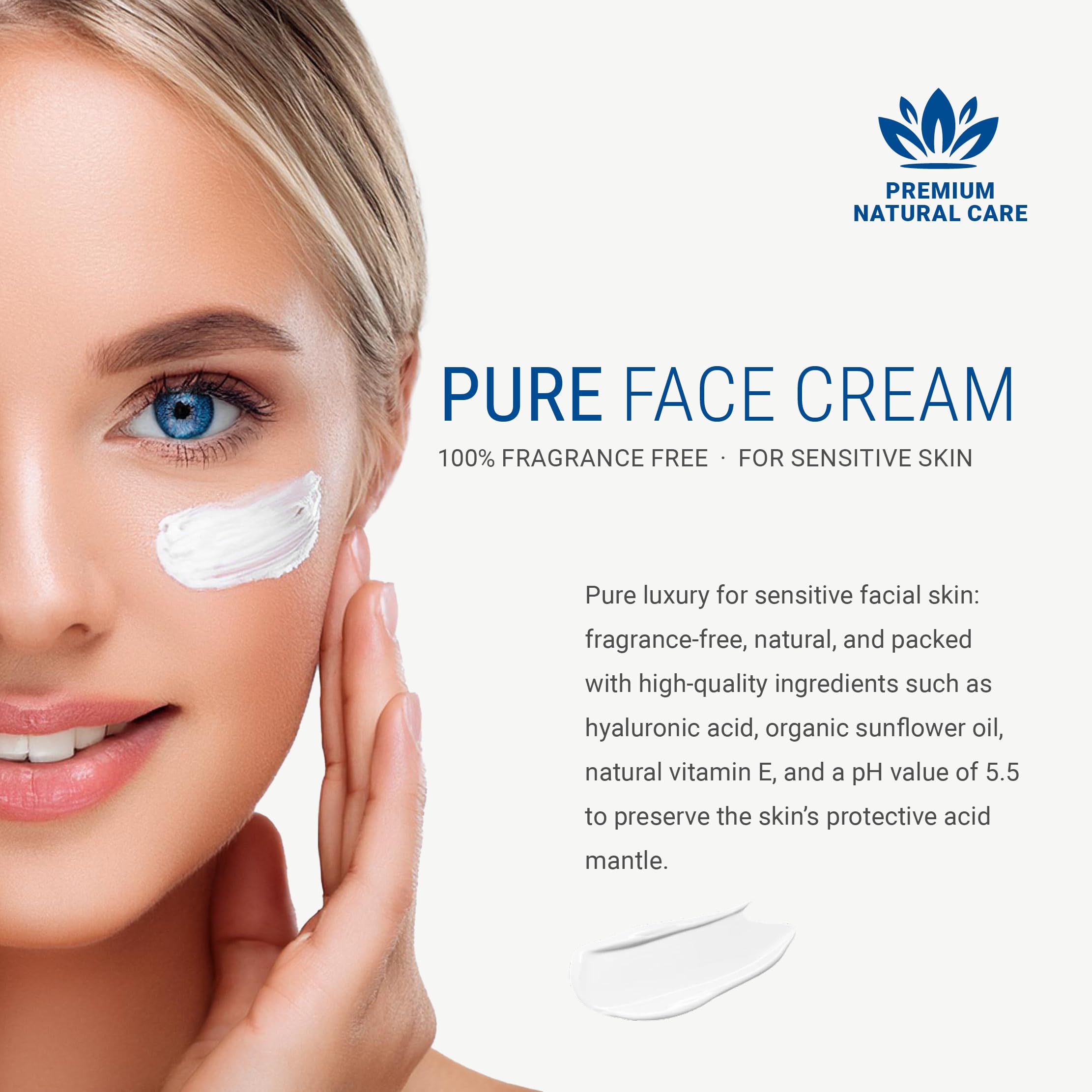 Pure Face Cream, Natural Care with Hyaluronic Acid & Vitamin E for Sensitive Facial Skin 100% Fragrance-Free, pH 5.5 - Image 2