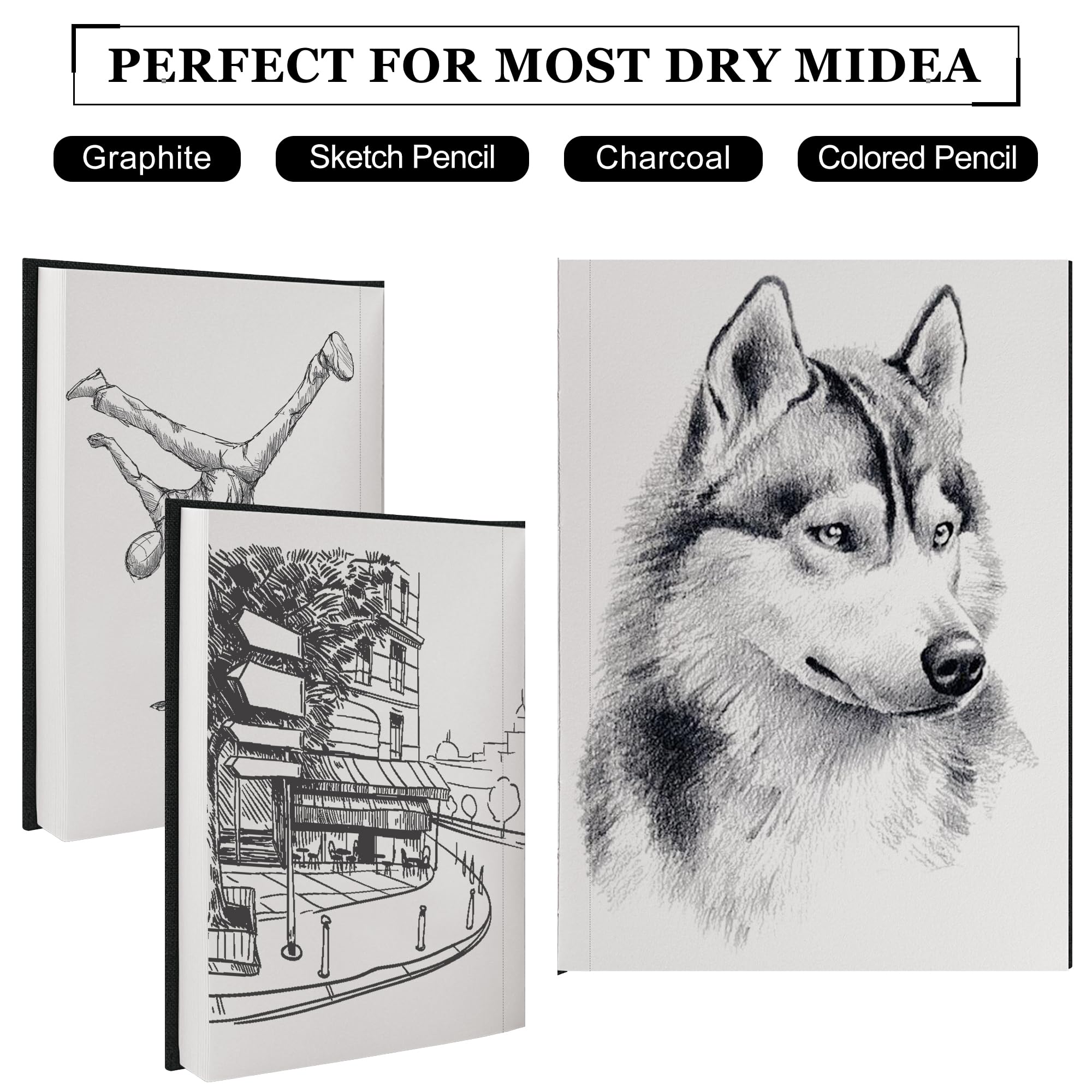 KINSPORY Cuaderno de Bocetos en Tela con Tapa Dura, Bloc de Dibujo, 50 Hojas) Papel de Boceto Perforado Profesional 150 g/m², Bloc de Dibujo de Viaje para Artistas, Adultos (negro, A5 (50 Hojas))