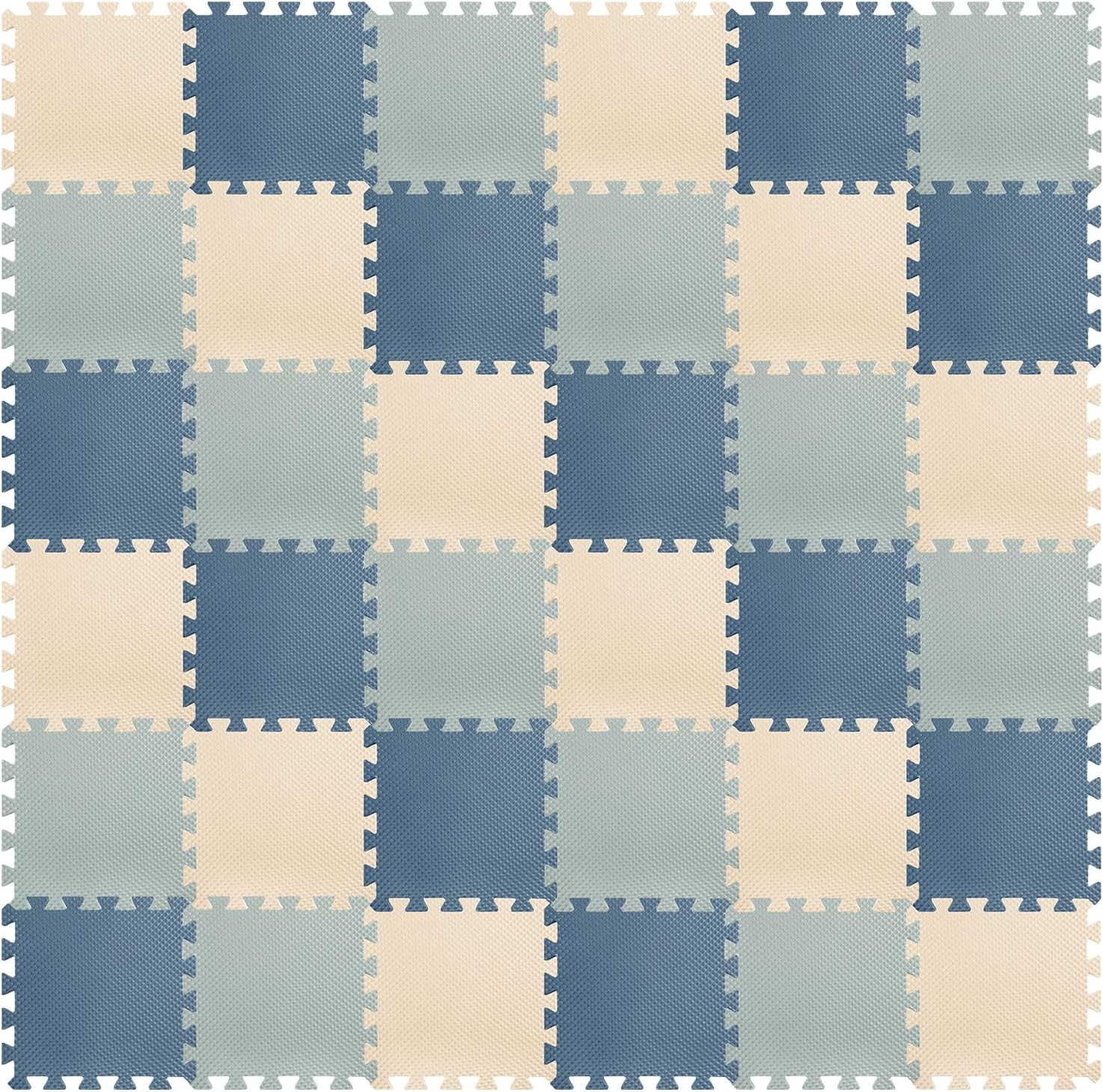 Riakrum 100 Tiles 12 x 12 Inch Foam Puzzle Floor Mats with Borders 0.4 Inch Thickness Interlocking EVA Foam Floor Tiles Soft Safe Play Mats for Exercise Gym Workout Nursery Home (Beige,Green, Blue)