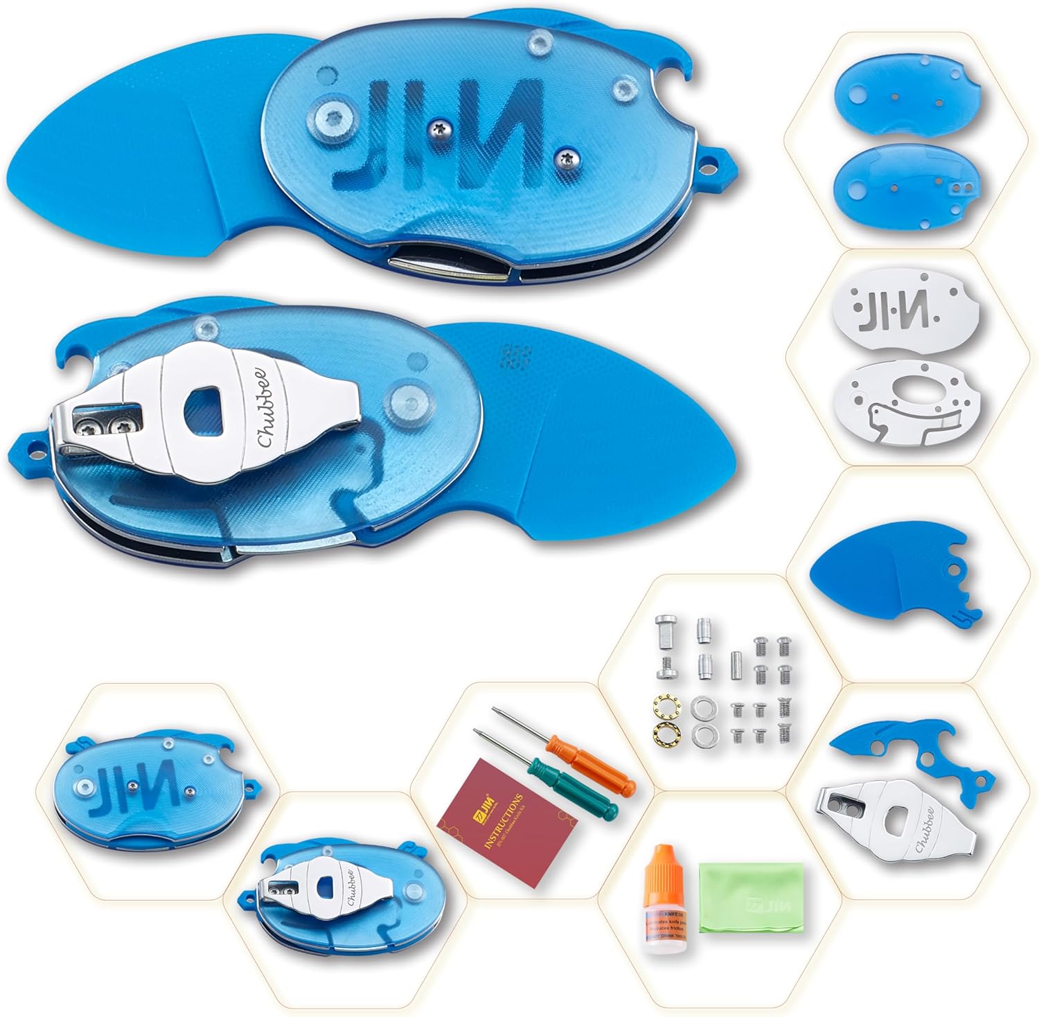 JIN Chubbee Pocket Knife for Starters, Fake Toy Knives, G10 Dull Blade, DIY Kit, Blue Acrylic Handle, Fidget EDC Knife, Safe for Beginners