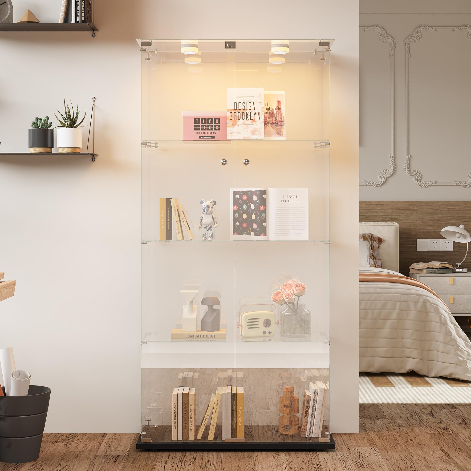 KOOPMAD Display Cabinet with Glass Doors, Lockable Glass Display Cabinets with LED Lights, Cabinet for Collection, 4 Shelves, Standing Display Case for Office Living Room Bedroom Furniture (Black-H) โ image 1