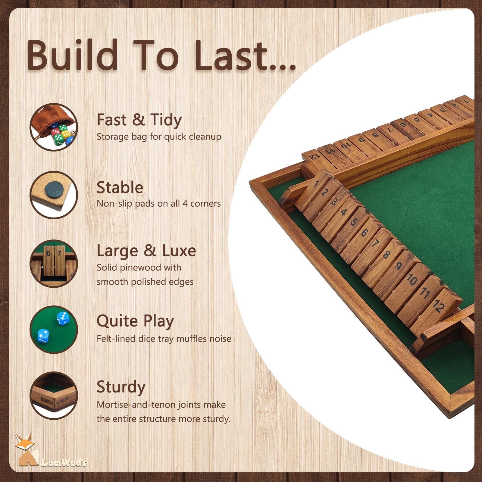 Shut The Box Spiel Holzbrett (13,78 Zoll) für 1-4 Spieler, Familien-Würfelspiele für Erwachsene mit 12 Würfeln, Kinder Pädagogisches Lernen und Erwachsene Party Entertainment Board